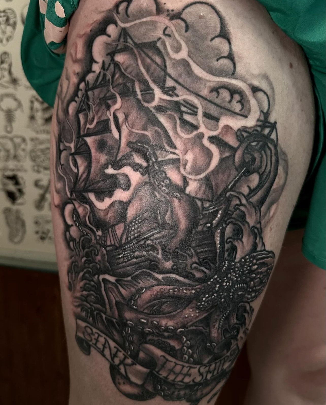 A Ship ⛵, a Storm 🌀, &amp; a Sea Monster 🐙 come together for the perfect thigh piece courtesy of @lackovictattoos !

Book with Kristin by clicking the button in our bio or on our website, emailing us, calling us, or just walking in! Kristin's here 