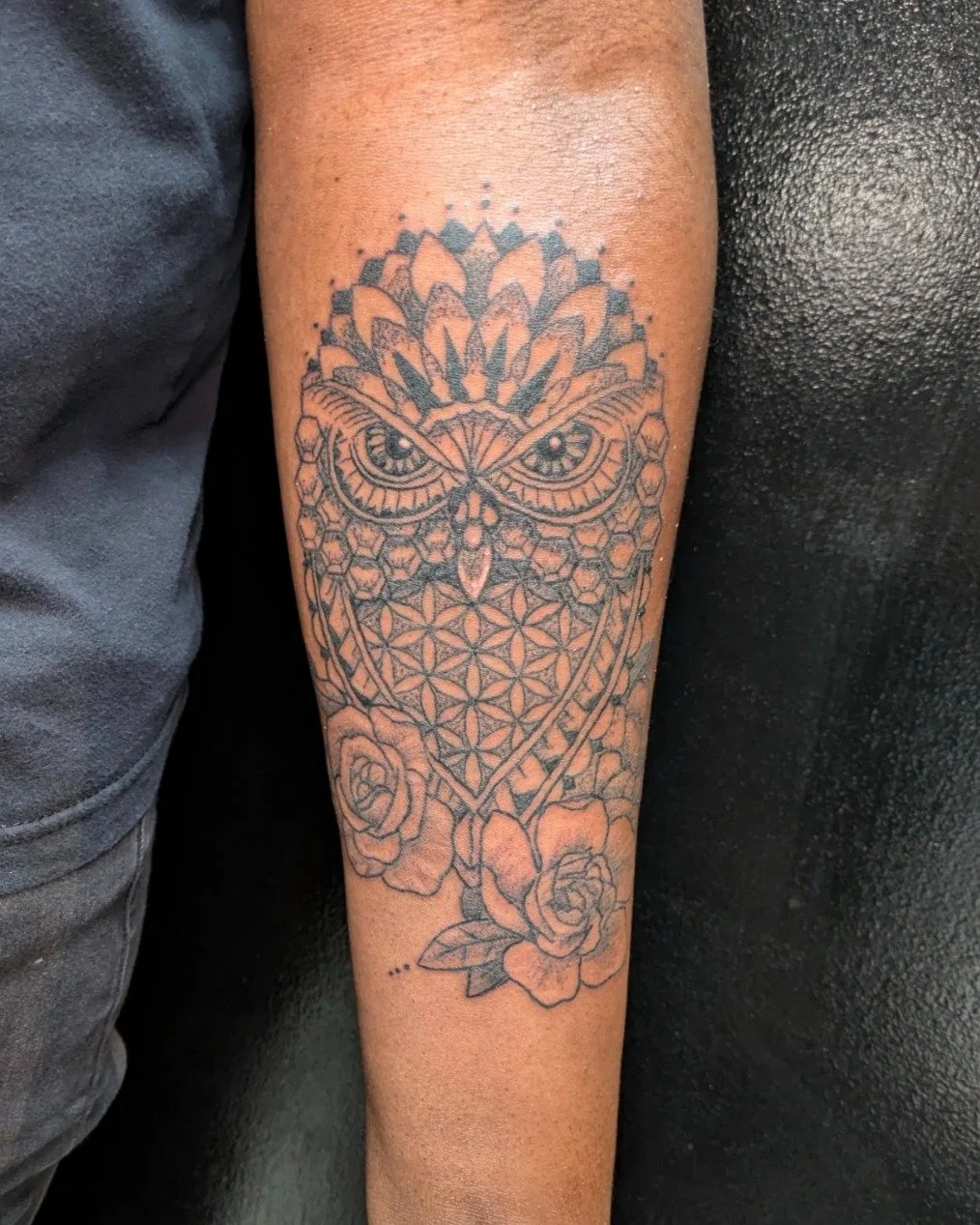 Nothing's wiser than an all-knowing geometric owl from @diquartel 

Book your next custom piece with Di by checking out our website, giving us a call, or walking in 7 days a week!

#Timeless #TimelessTattoo #TimelessTattooATL #Atlanta #AtlantaTattoo 