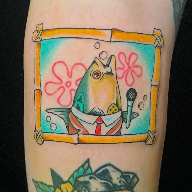 Attention; Attention: This just in from Bikini Bottom!

Get all the news from @blake_does_tattoos when you schedule your next tattoo!

#Timeless #TimelessTattooATL #Spongebob #SpongebobTattoo #spongebobsquarepants #ColorTattoo #MrFishTattoo