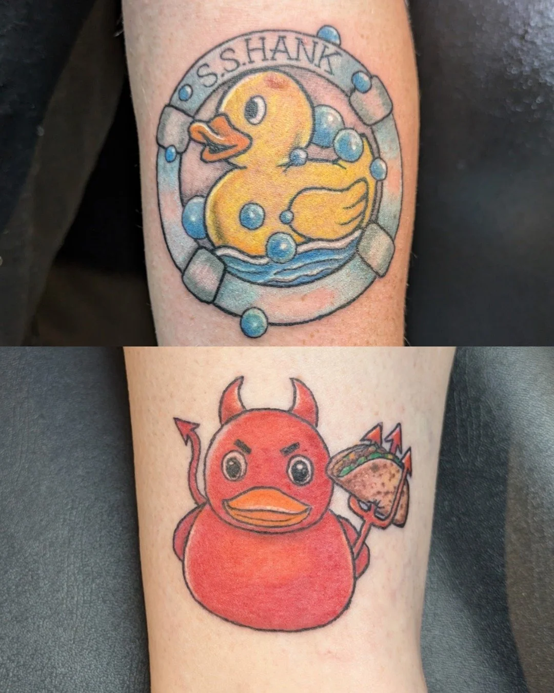 @diquartel giving the rubber ducky life for a pair of clients!

Appointments available by calling the shop, emailing us, or checking out the link on our website!

#Timeless #TimelessTattoo #atlanta #atlantatattoo #RubberDucky #RubberDuckyTattoo #Devi