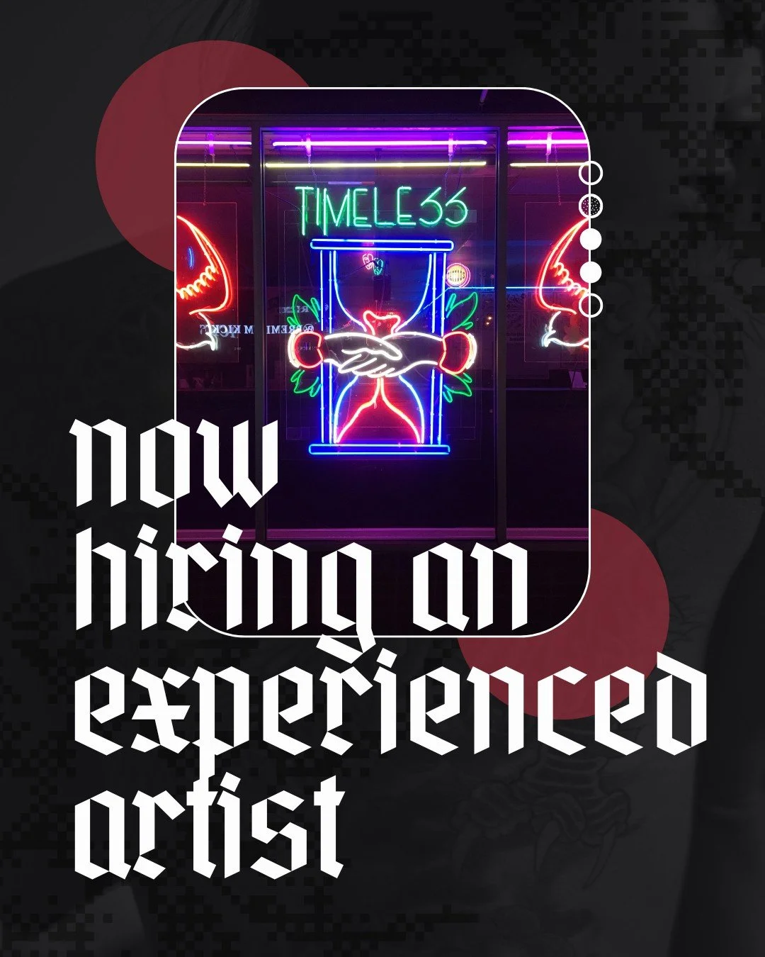🚨 We're hiring! 🚨

Timeless Tattoo is looking for an experienced artist to join our historic team. 
If you're interested in working with us, head over to our website &amp; click the link in our footer to submit your portfolio. We're excited to revi