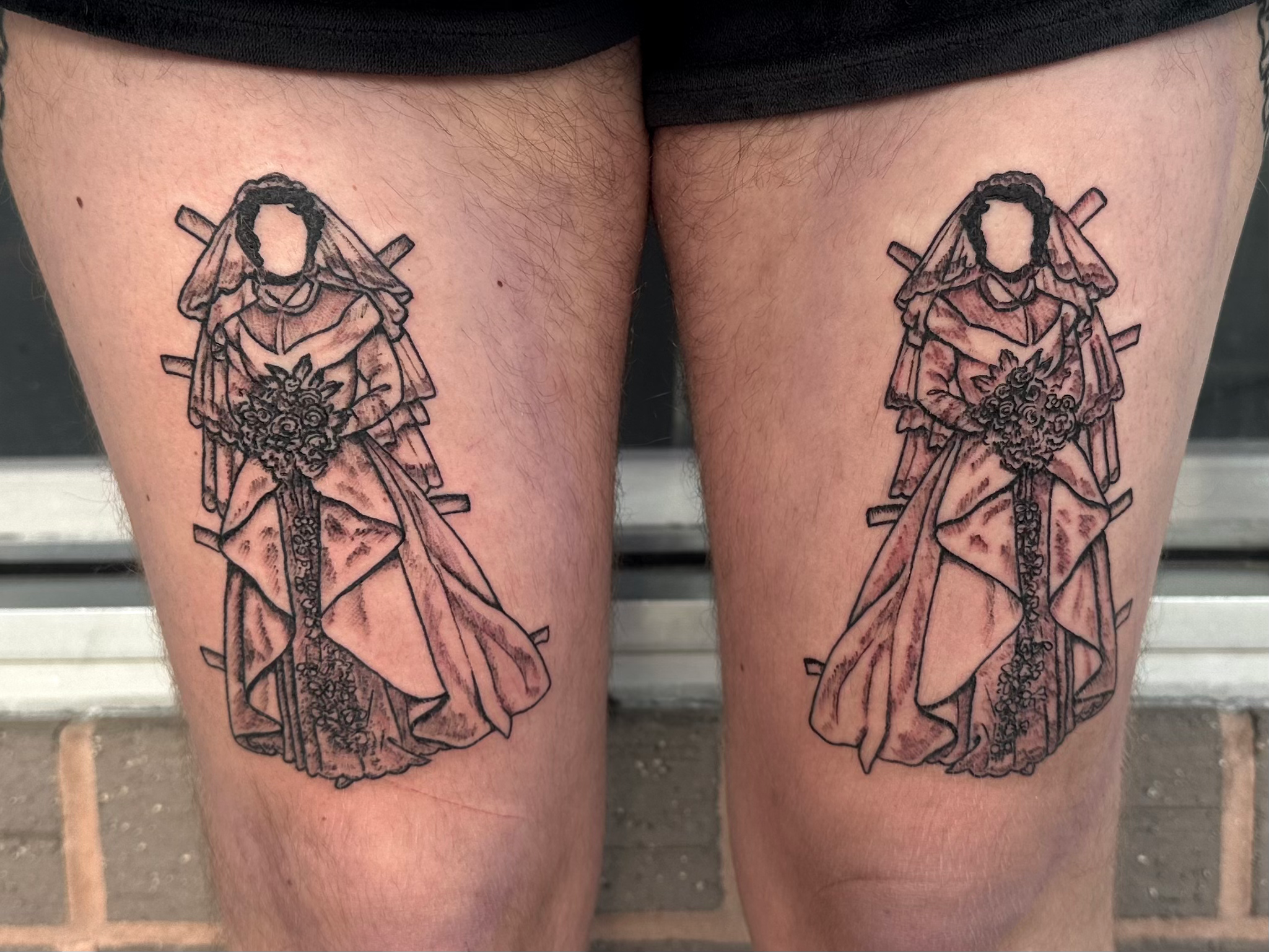 Pair of wedding dress paper doll tattoos inspired by Elizabeth Taylor by Atlanta tattoo artist Kristin Thorsen at Timeless Tattoo.
