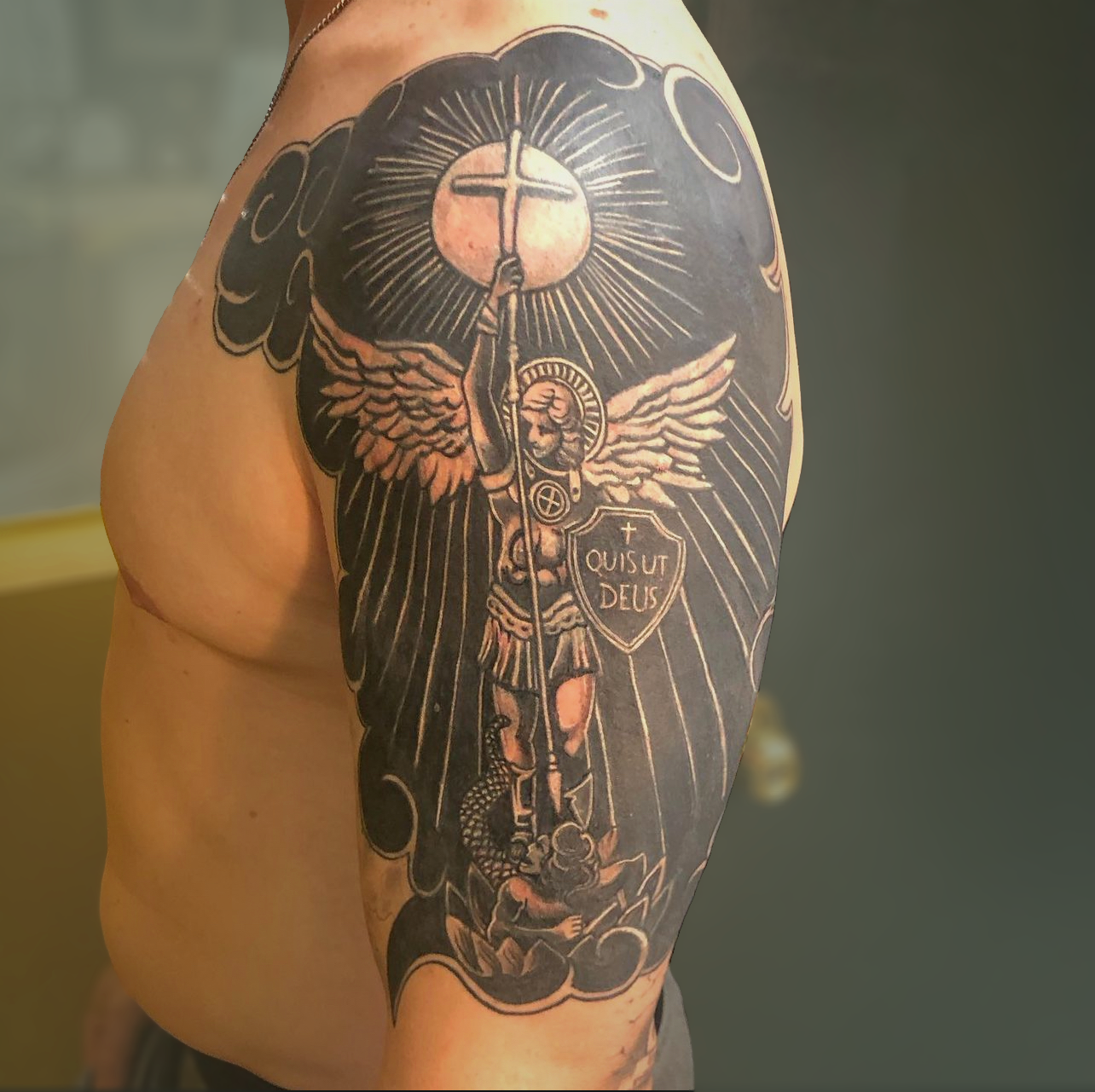 Blackwork angel / biblical tattoo by Atlanta tattoo artist Lew Hands of Timeless Tattoo