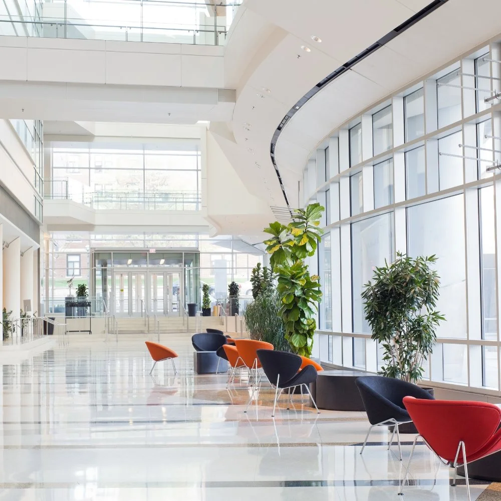 Modern building interior with large windows, colorful chairs, and plants