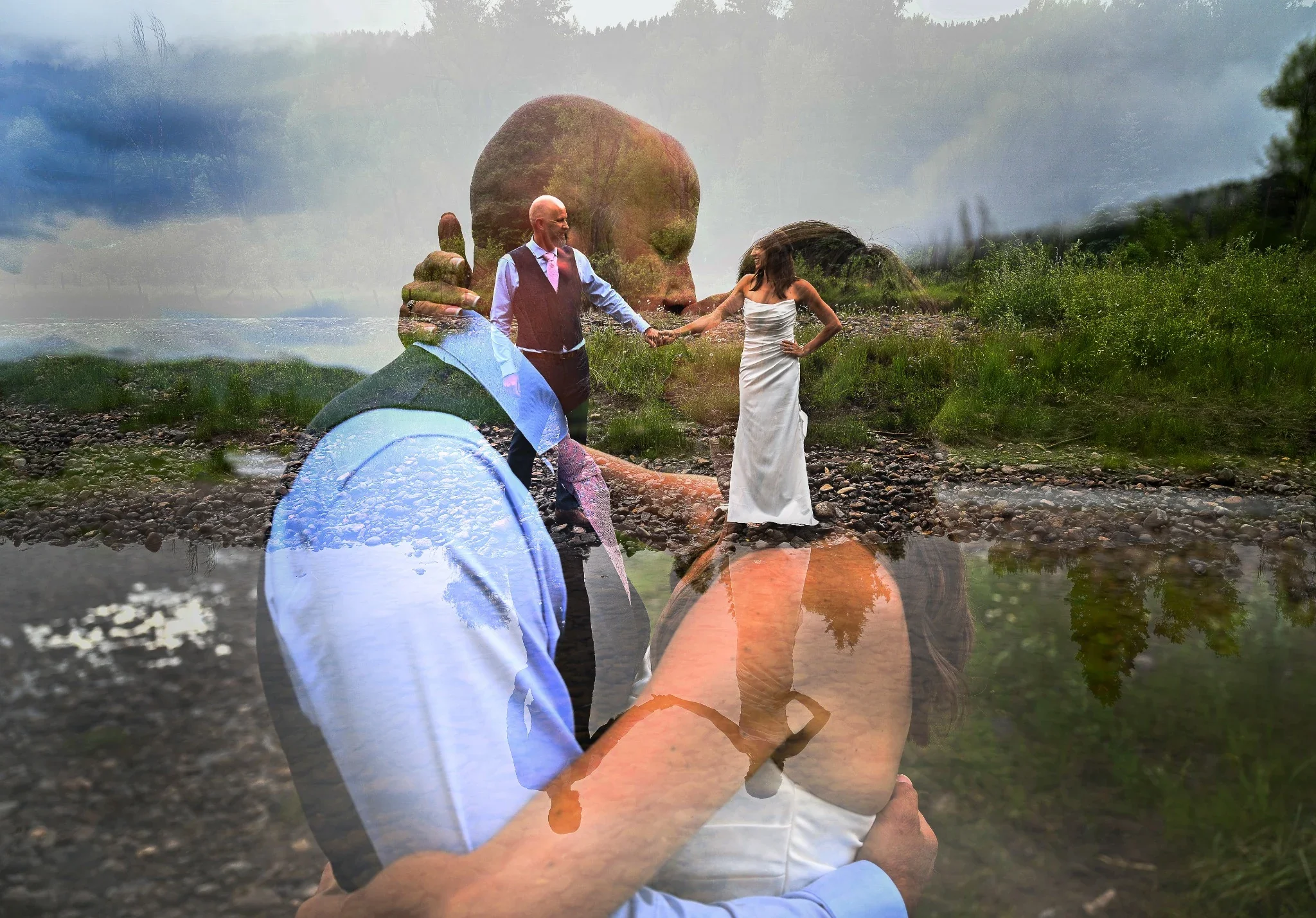 Double exposure of bride and groom sharing intimate moments at the Conejos River in Horca, Colorado. Ryan Kost Photography