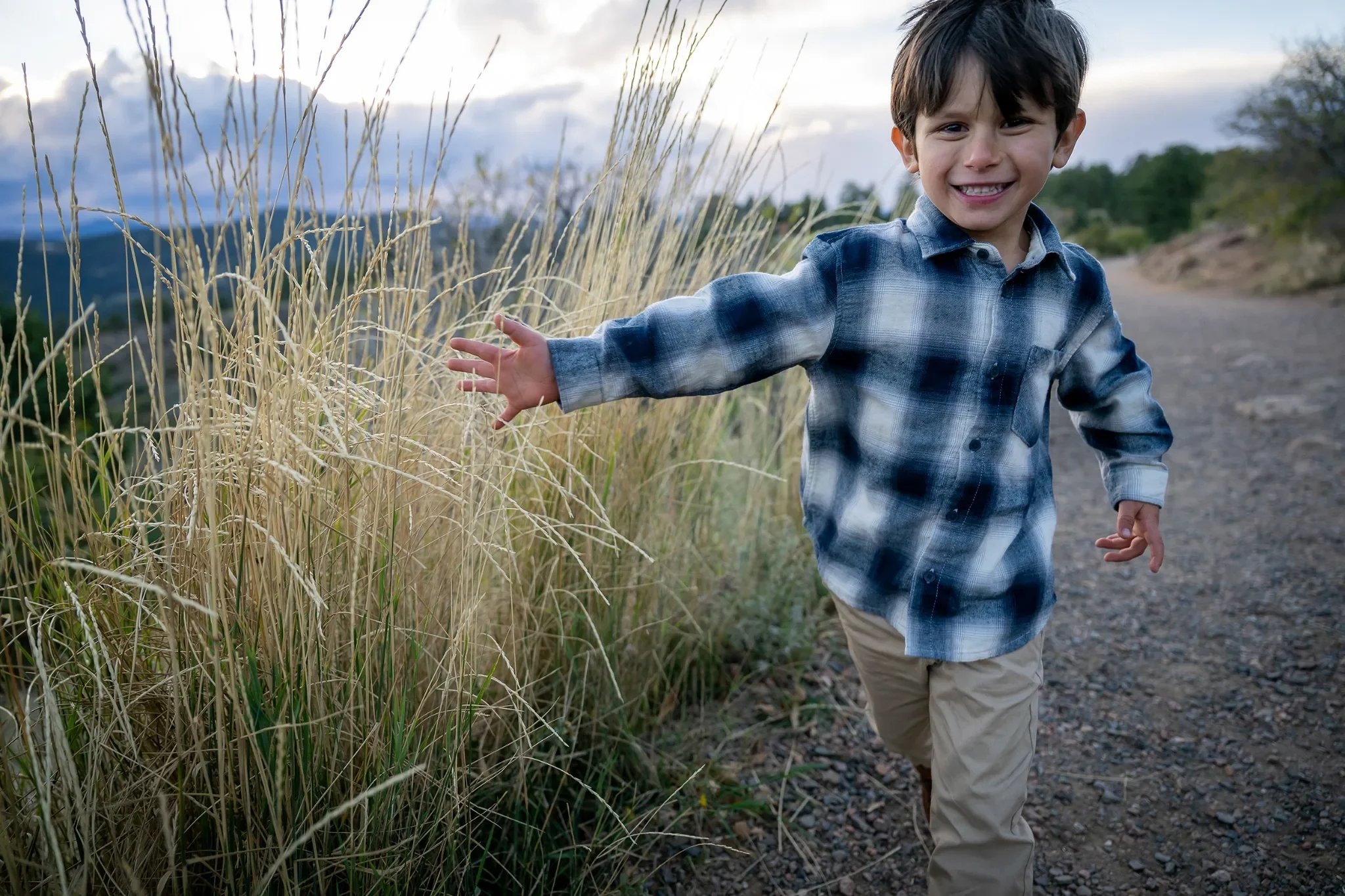 A boy runs the trail playfully putting his hand out to run his hands through the tall grass at Mount Falcon West. Captured by Denver family photographer Ryan Kost