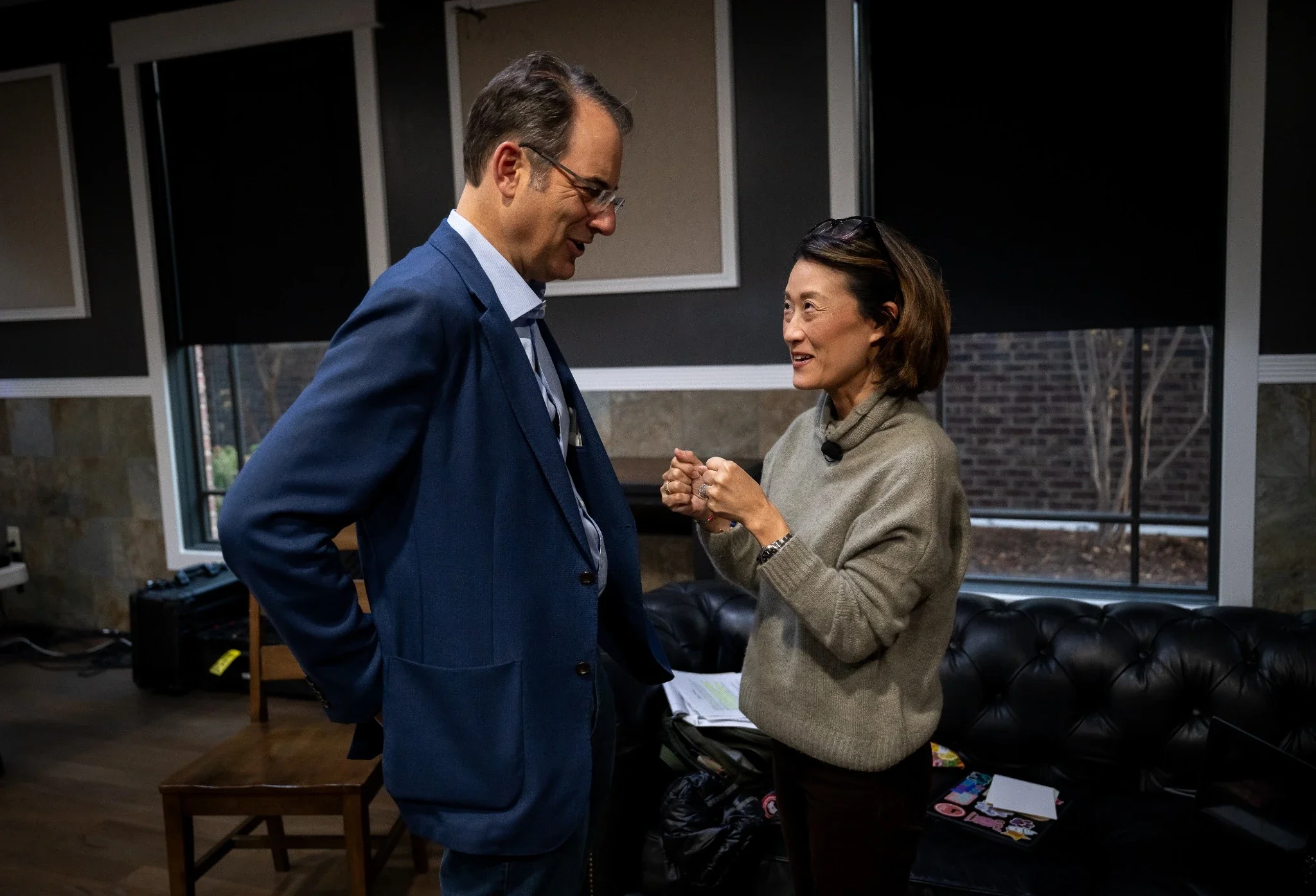  Katie Phang speaks with Colorado gubernatorial candidate Phil Weiser during Courier Colorado's Get Out the Ballot event in Westminster, Colorado, on October 29, 2026. Photography by Ryan Kost.