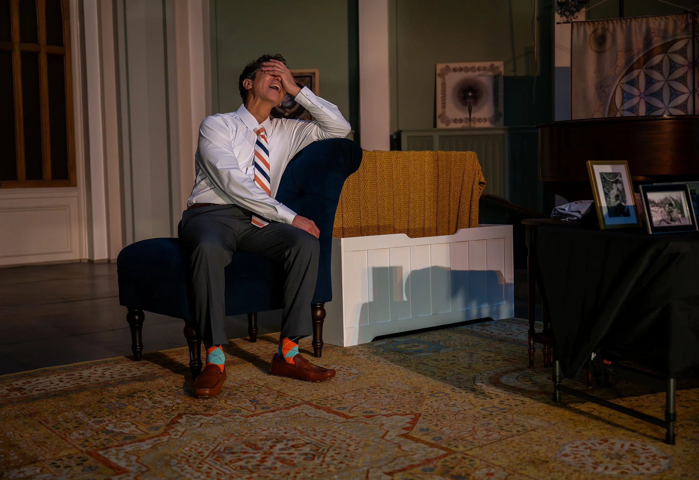 Expressive actor portrait during a Harvey Milk performance rehearsal in Denver