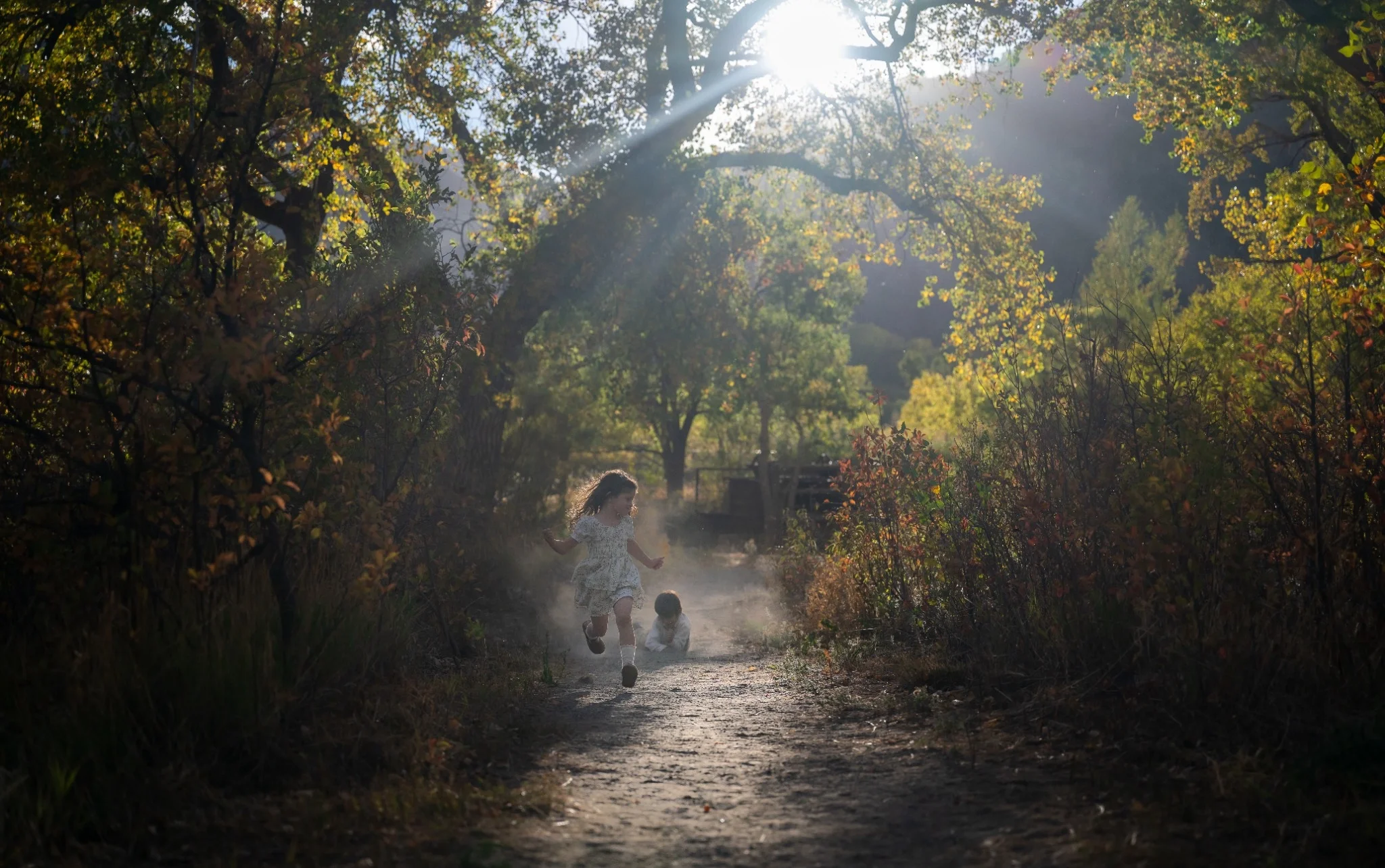 Two young children running and playing along a sunlit trail at South Mesa Trailhead in Boulder, Colorado, during a candid documentary family photography session by Ryan Kost.