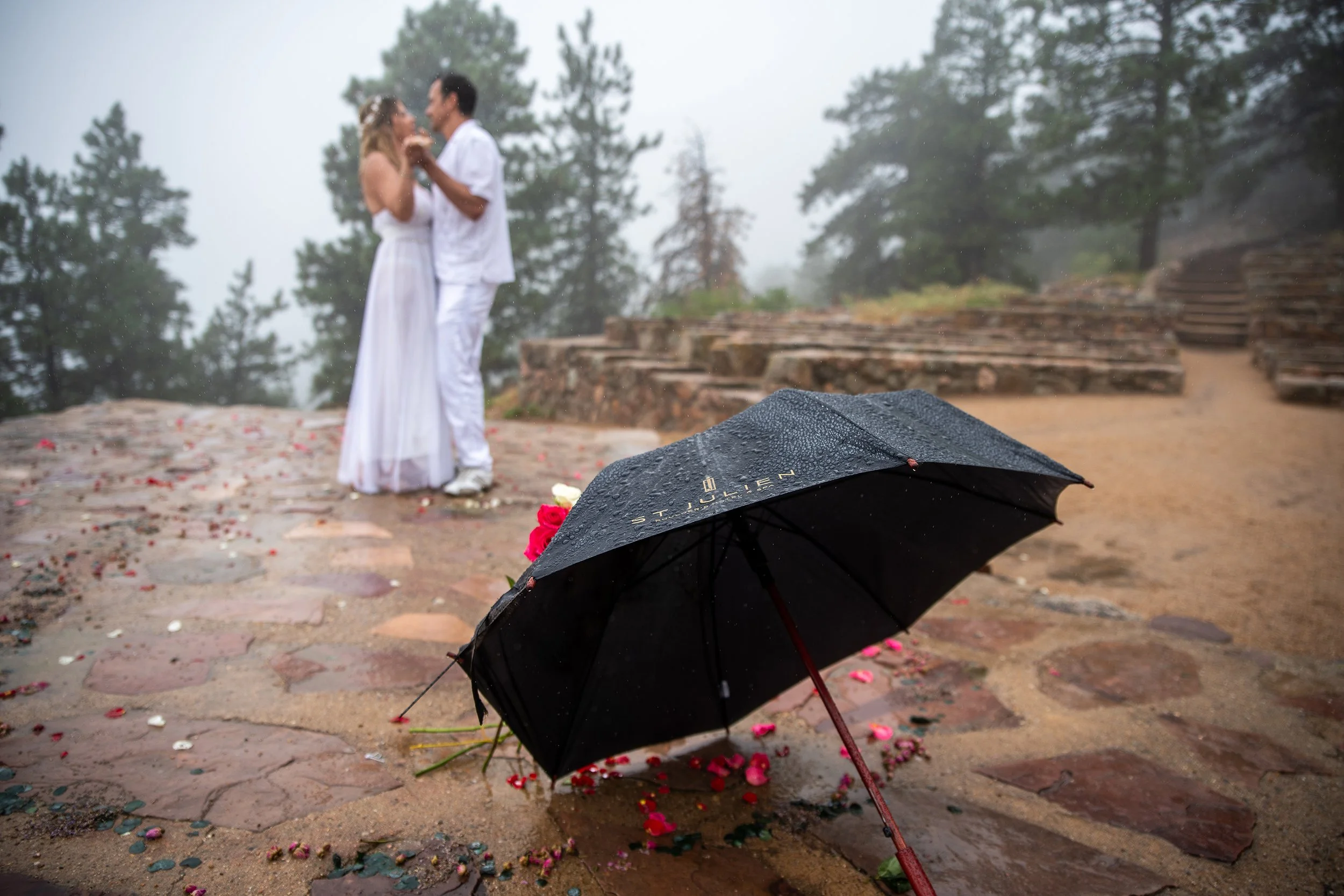 A couple dancing in the rain on a stone pathway with a black umbrella fallen on the wet ground and rose petals scattered around, blurred background of trees and stone steps.