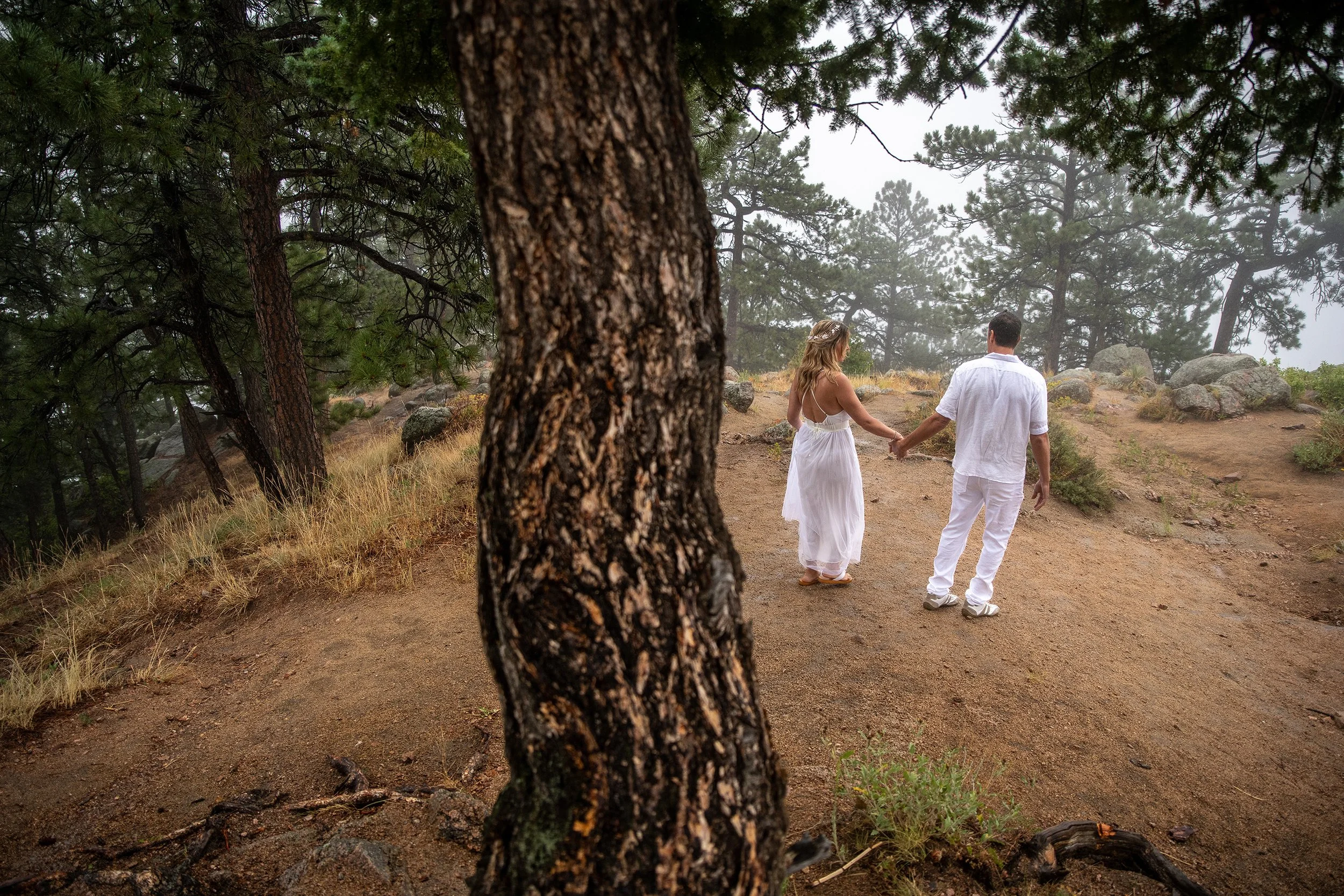 A couple dressed in white walking hand in hand on a dirt trail through a forest with trees and rocks, seen through a large tree trunk in the foreground.