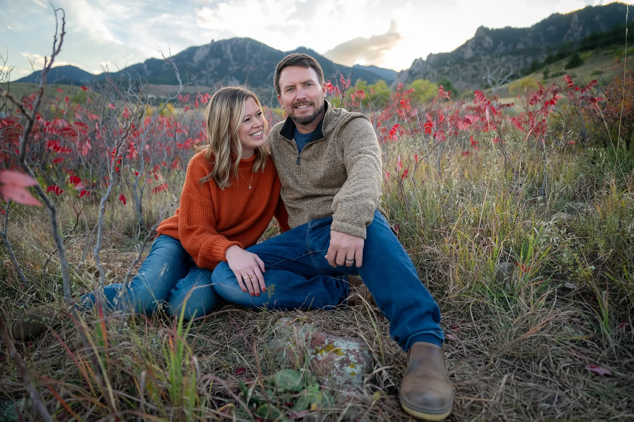 Relaxed, loving couples portrait at South Mesa Trailhead in Boulder, Colorado. Ryan Kost family photography.
