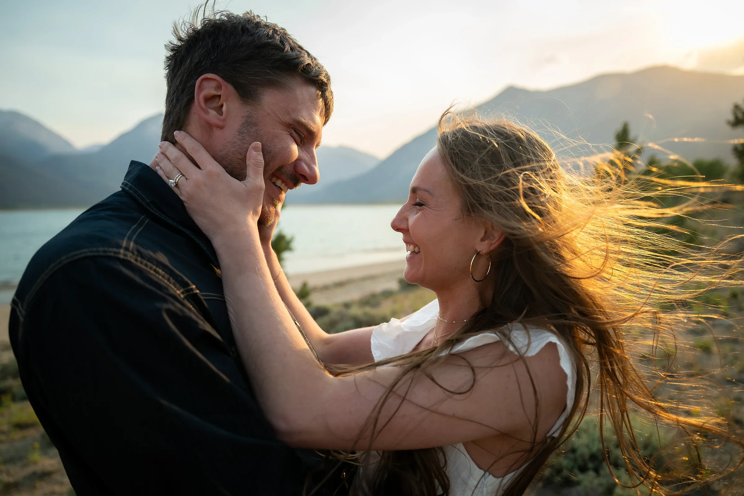 Intimate close up portrait of newlyweds during their golden hour elopement at Twin Lakes, Colorado.
