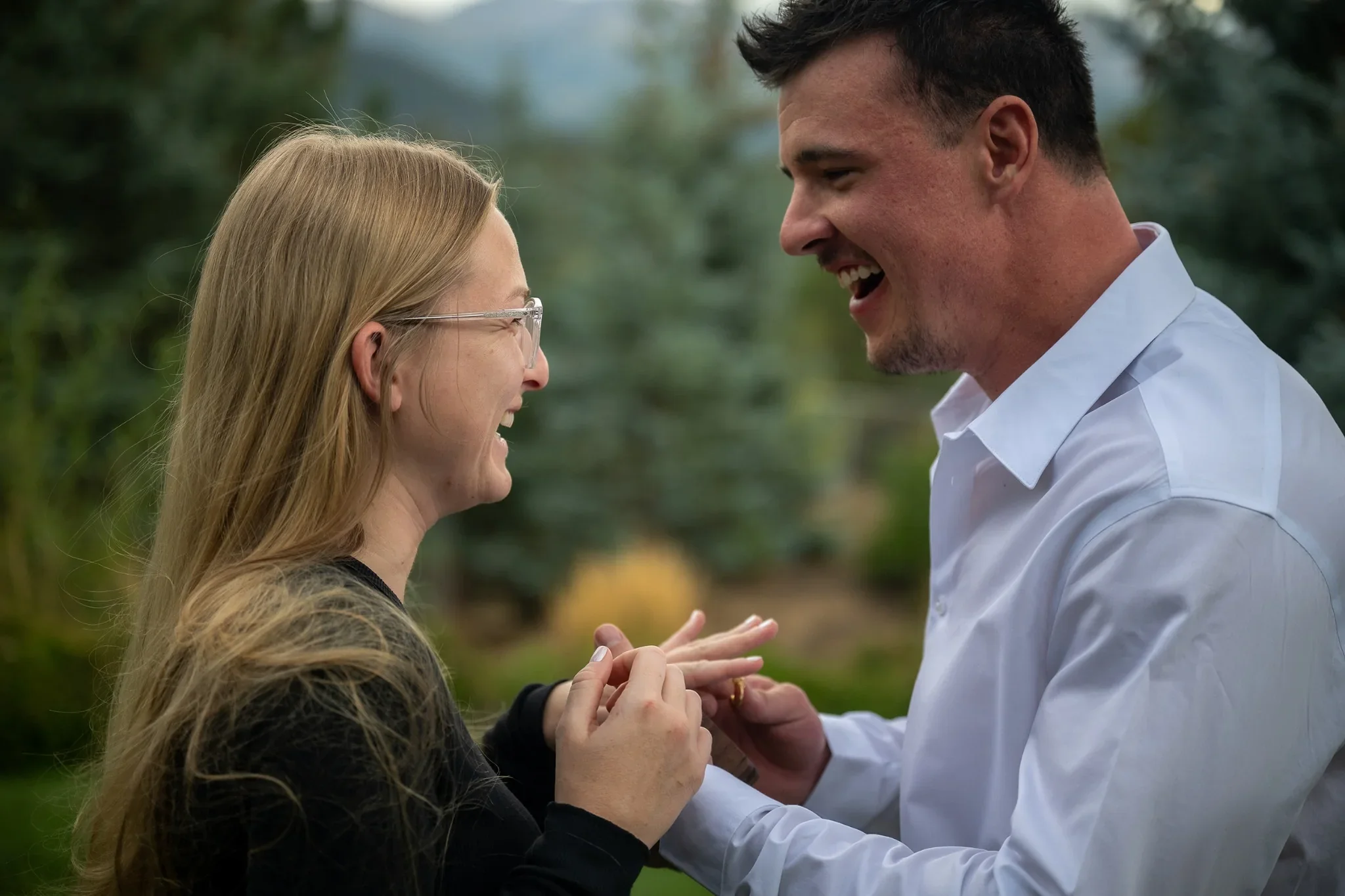 Newly engaged couple celebrating their proposal in Estes Park, Colorado