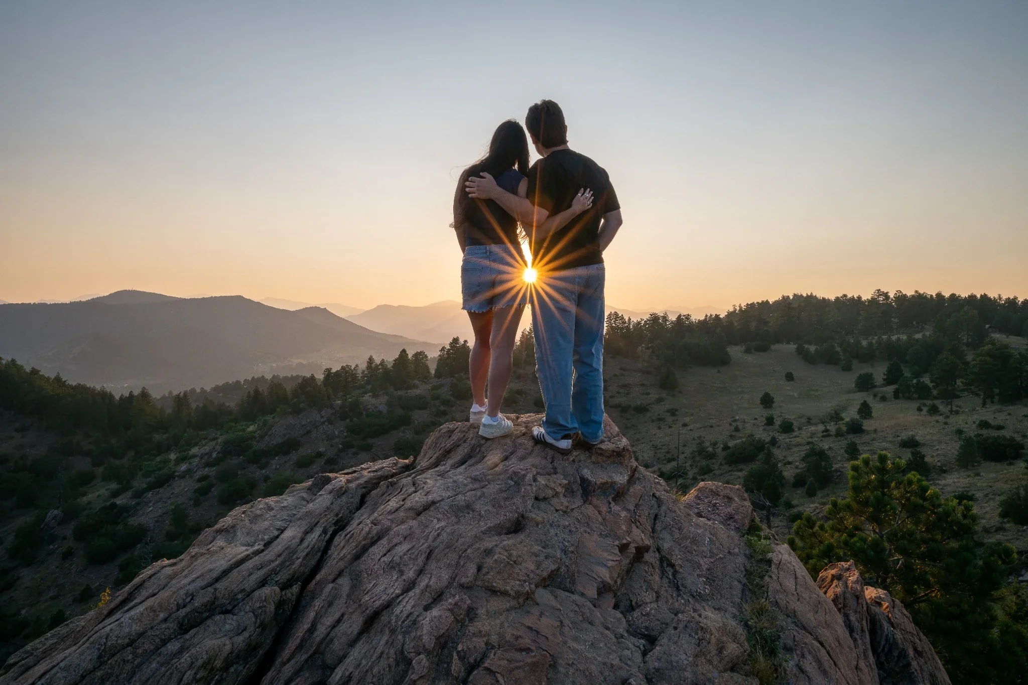 Brother and sister portrait at sunset at Mount Falcon West in Indian Hills, Colorado