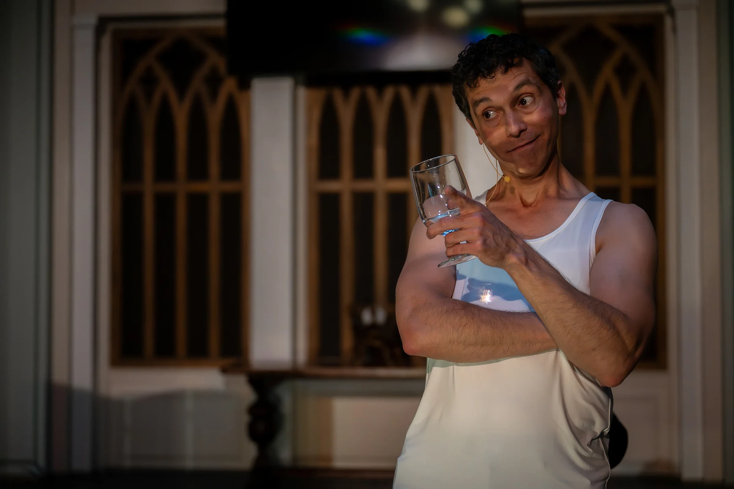 Candid portrait of actor reherseaing Harvey Milk for performance at Althea Center in Denver, Colorado