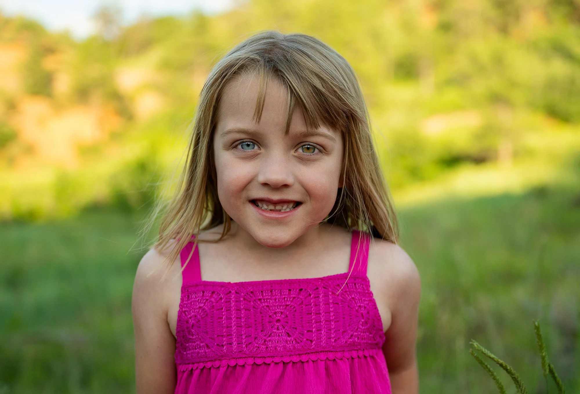 Close-up outdoor portrait of a young girl in a pink dress during a summer family session at Red Rock Canyon Open Space, Colorado Springs captured by Ryan Kost.

