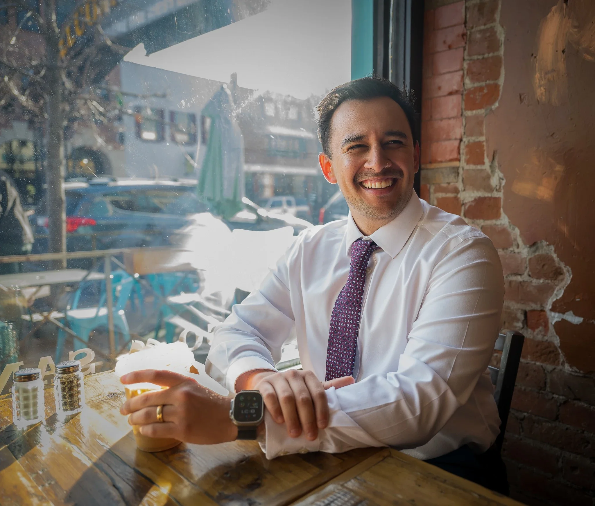 Natural, relaxed professional headshots at Windy Saddle Cafe in downtown Golden, Colorado