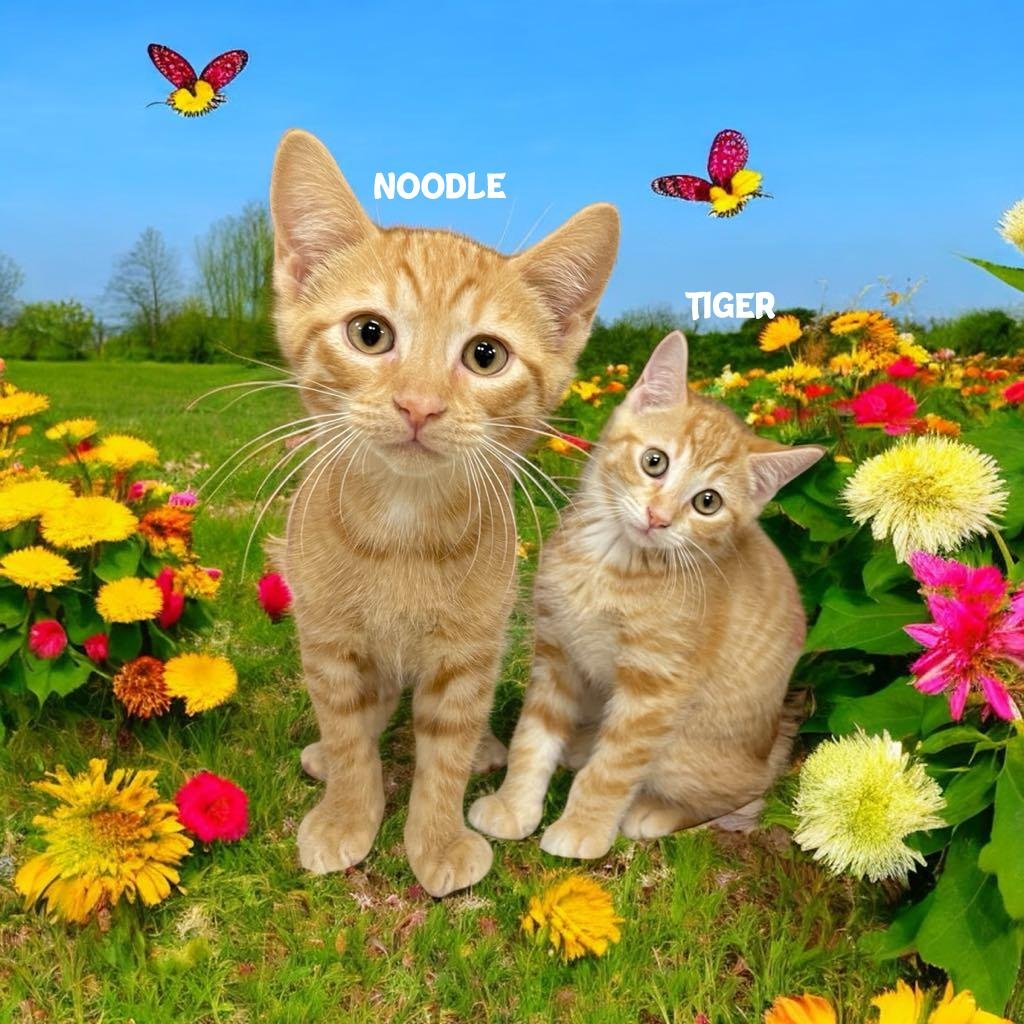 Our names are NOODLE and TIGER, we're 7 week old male orange tabby's American Shorthair!