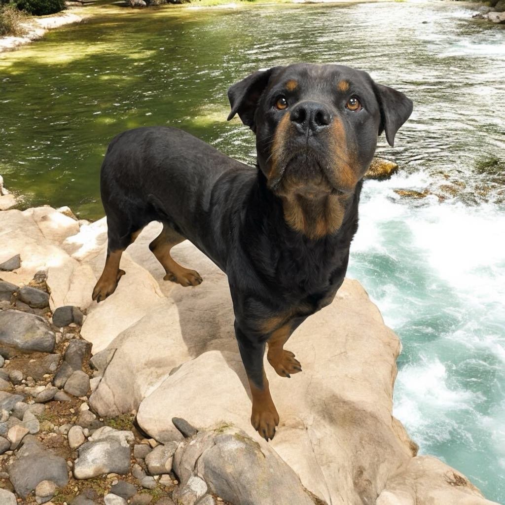 My name is RJ and I am a 3 year old male Rottweiler! I am good with ALL people, kids, other dogs, but I AM NOT good with cats!