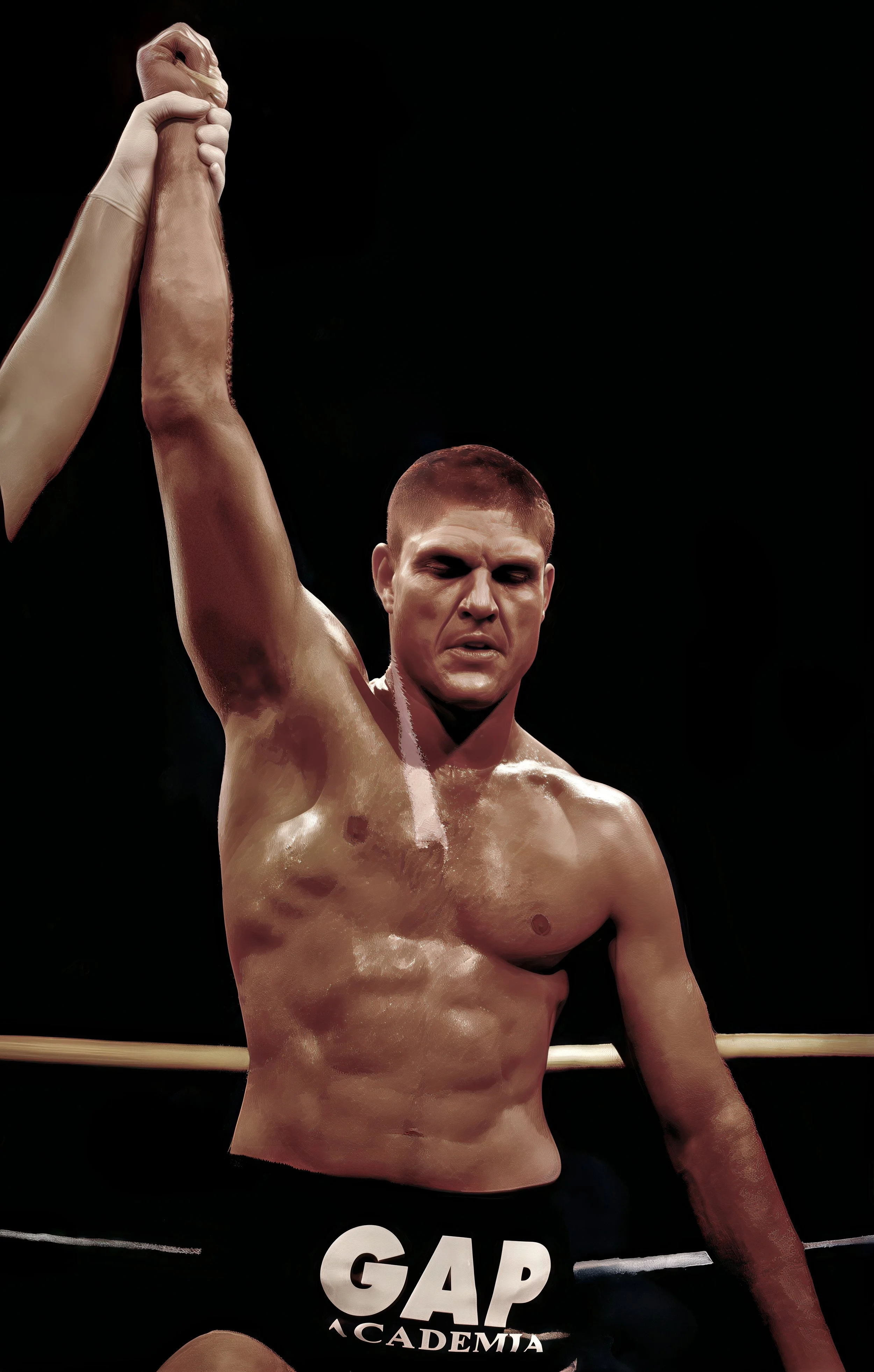 A shirtless male boxer standing in a boxing ring, with emotional expression, raising his right arm, while another person's hand is clenched in a fist and touching his hand. The background is dark, and the boxer is wearing black shorts with the slogan "GAP Academia."