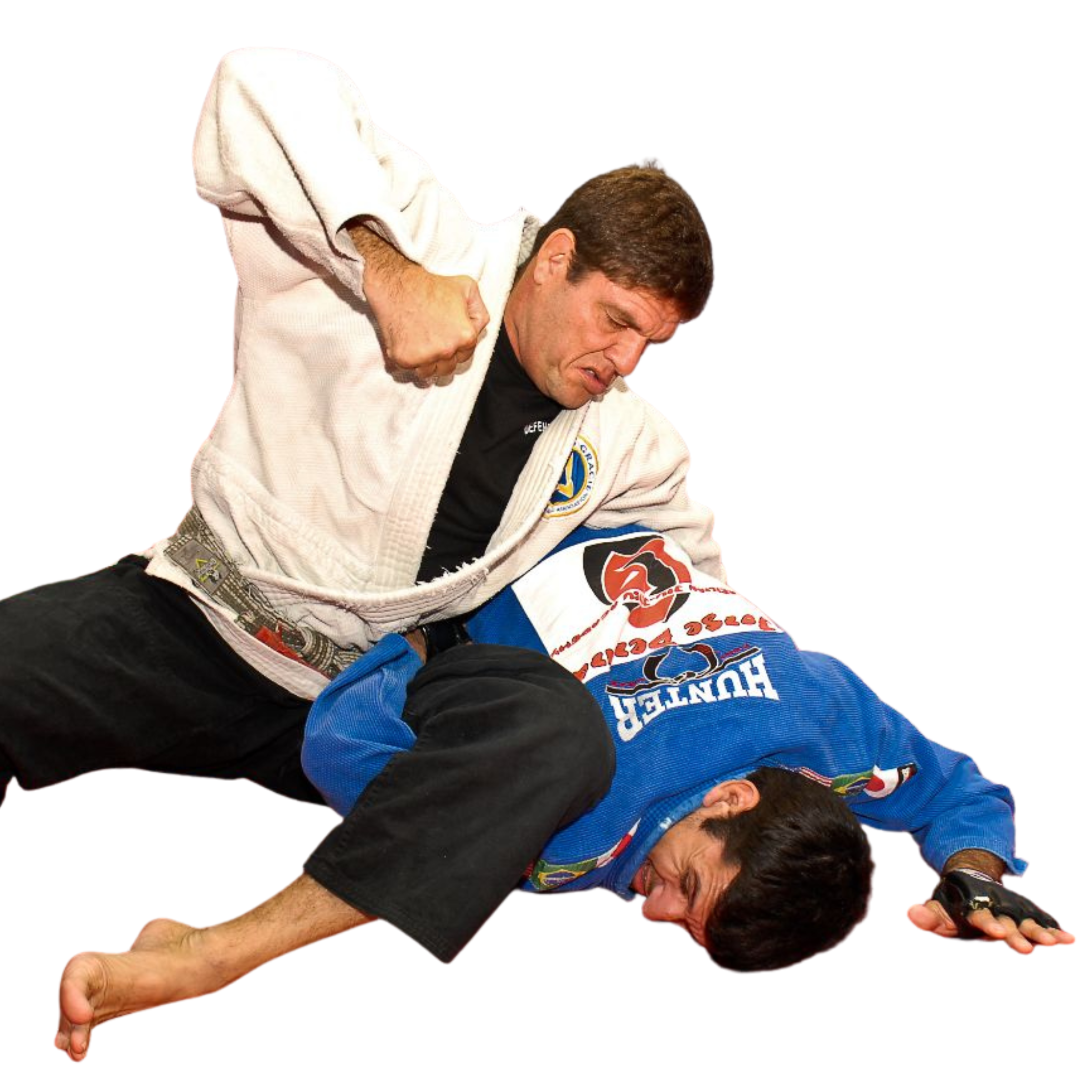 Two men practicing Brazilian Jiu-Jitsu, one in a white gi and the other in a blue gi, on a white background. The man in the white gi is executing a dominant position over the man in the blue gi.