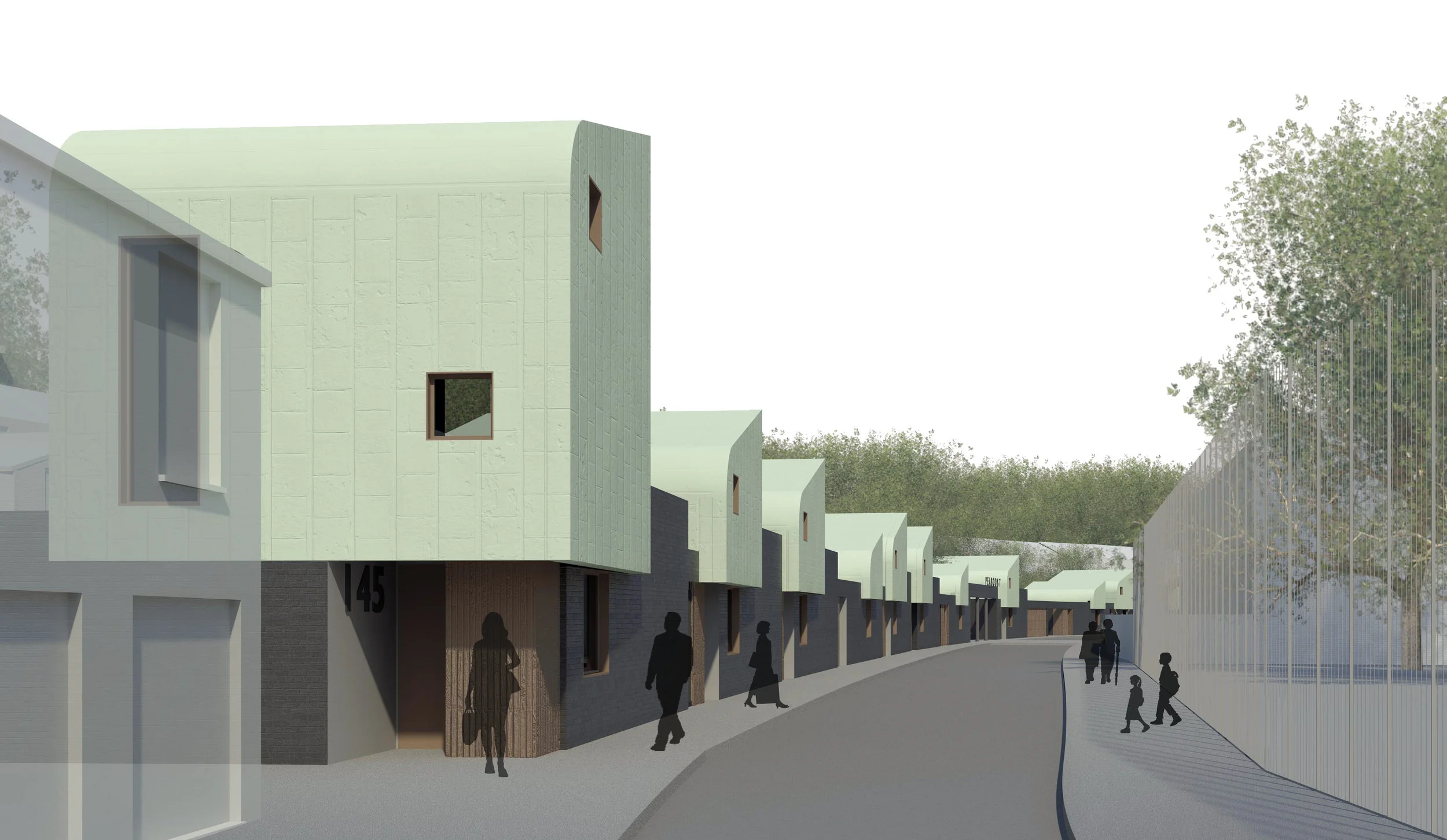 The two and three storey elements of taller houses are expressed as copper clad pods notched onto the spine wall.
