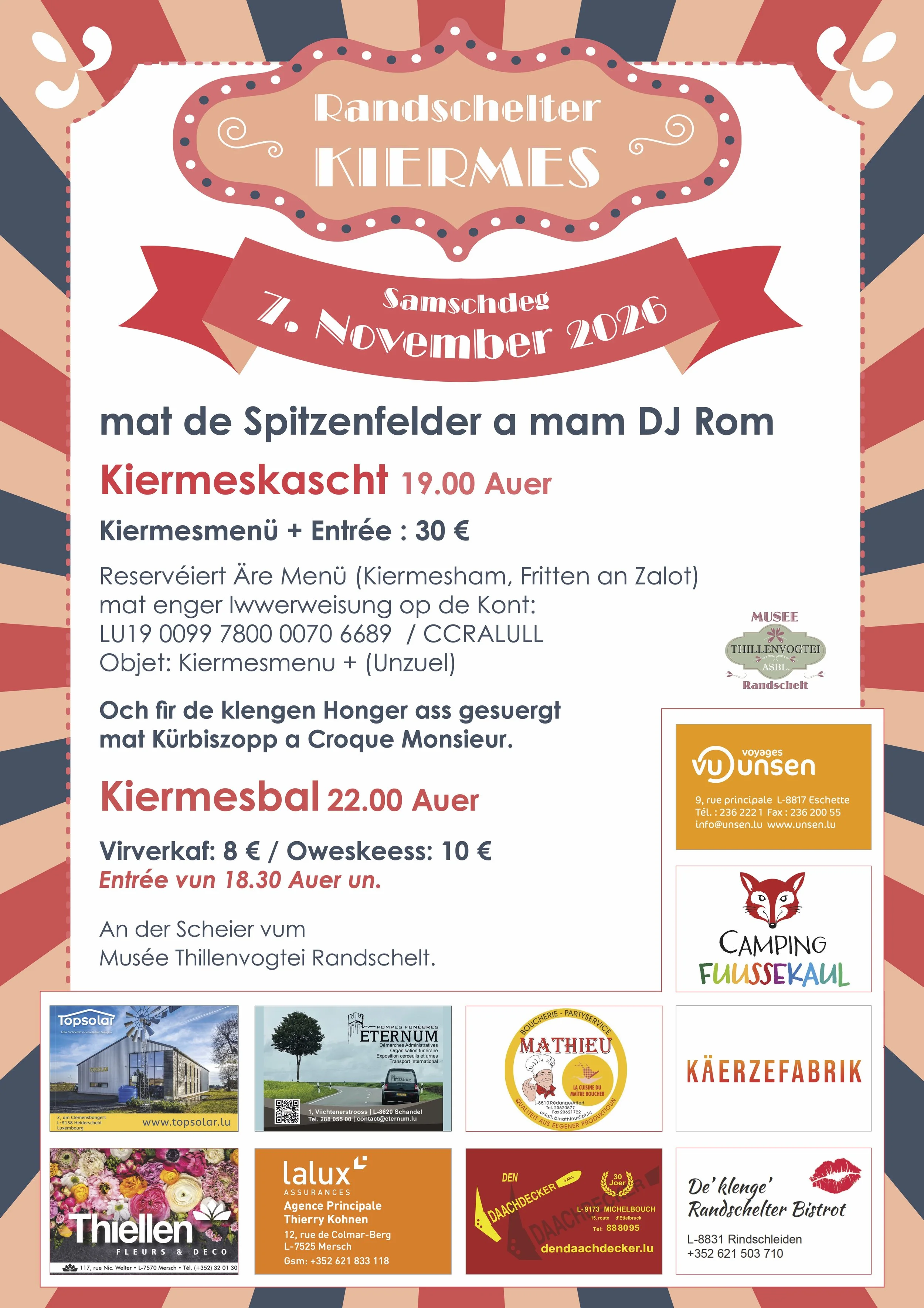 Affiche Kiermes Randschelter, 7. November 2026 – Kiermeskascht 19:00 Auer, Kiermesmenü mat Entrée 30 €, Kiermesbal 22:00 Auer an der Scheier vum Musée Thillenvogtei Randschelt. Virverkaf 8 € / Oweskeess 10 €.