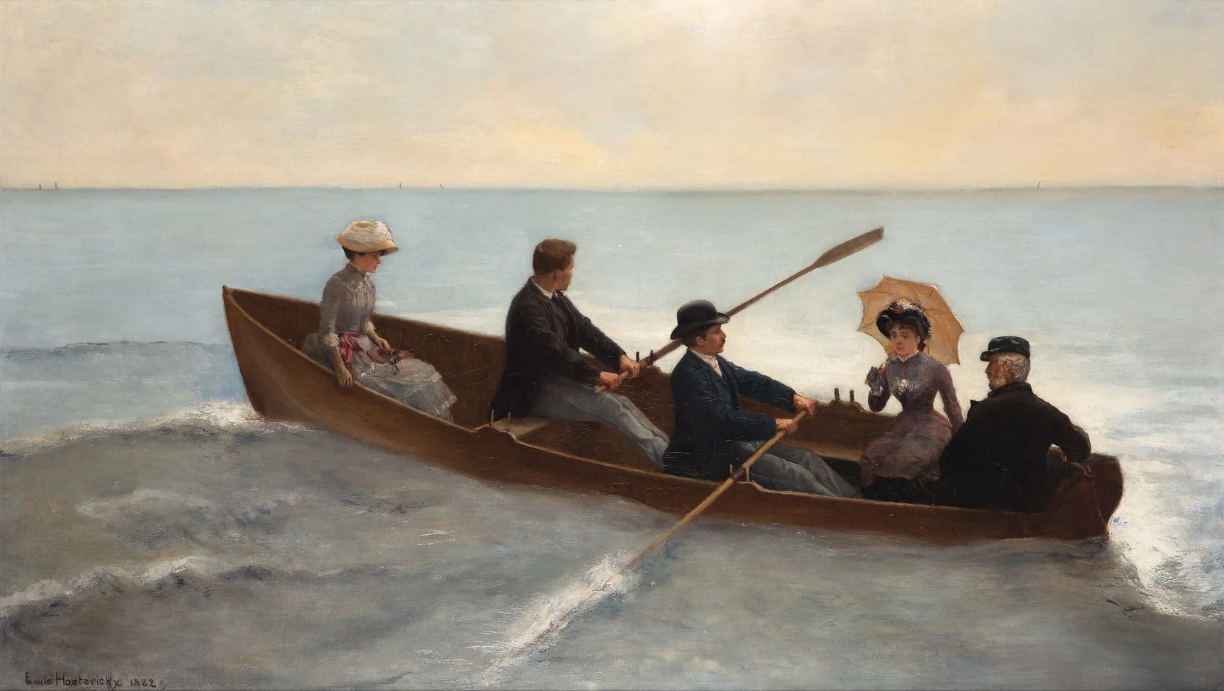 Peinture représentant cinq personnes dans un bateau, deux hommes et trois femmes, naviguant sur la mer calme.
