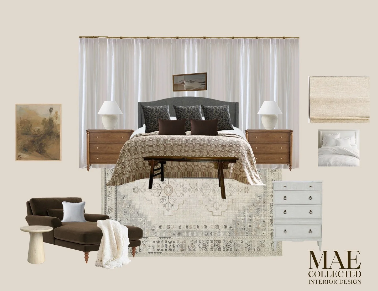 Recent bedroom design✨ Our client wanted to add character, warmth and personality to their new build. 

#nashvilleinteriordesigner #primarybedroom #virtualdesign #designmoodboard
