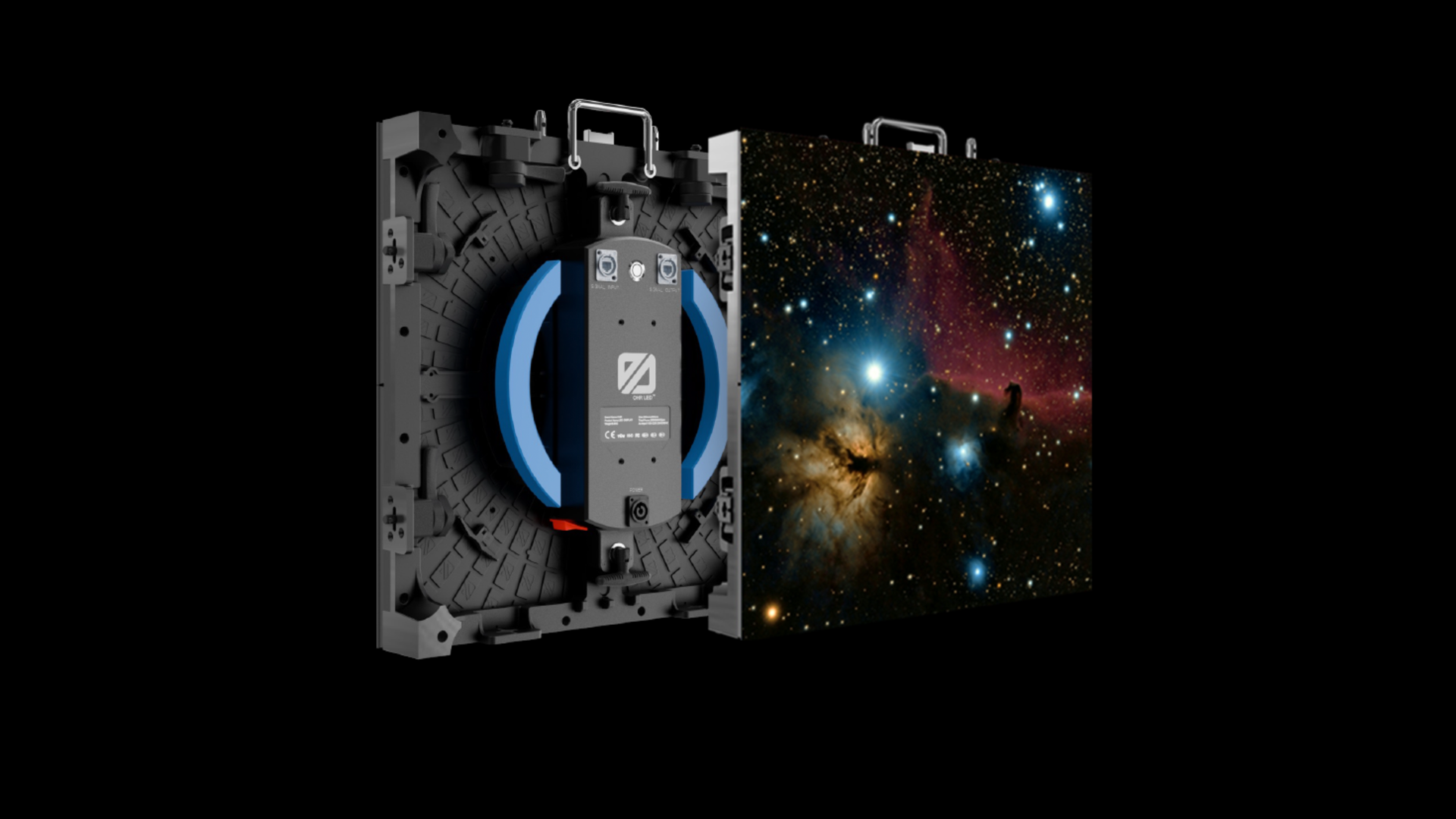 A digital display device showing a star-filled nebula in space.
