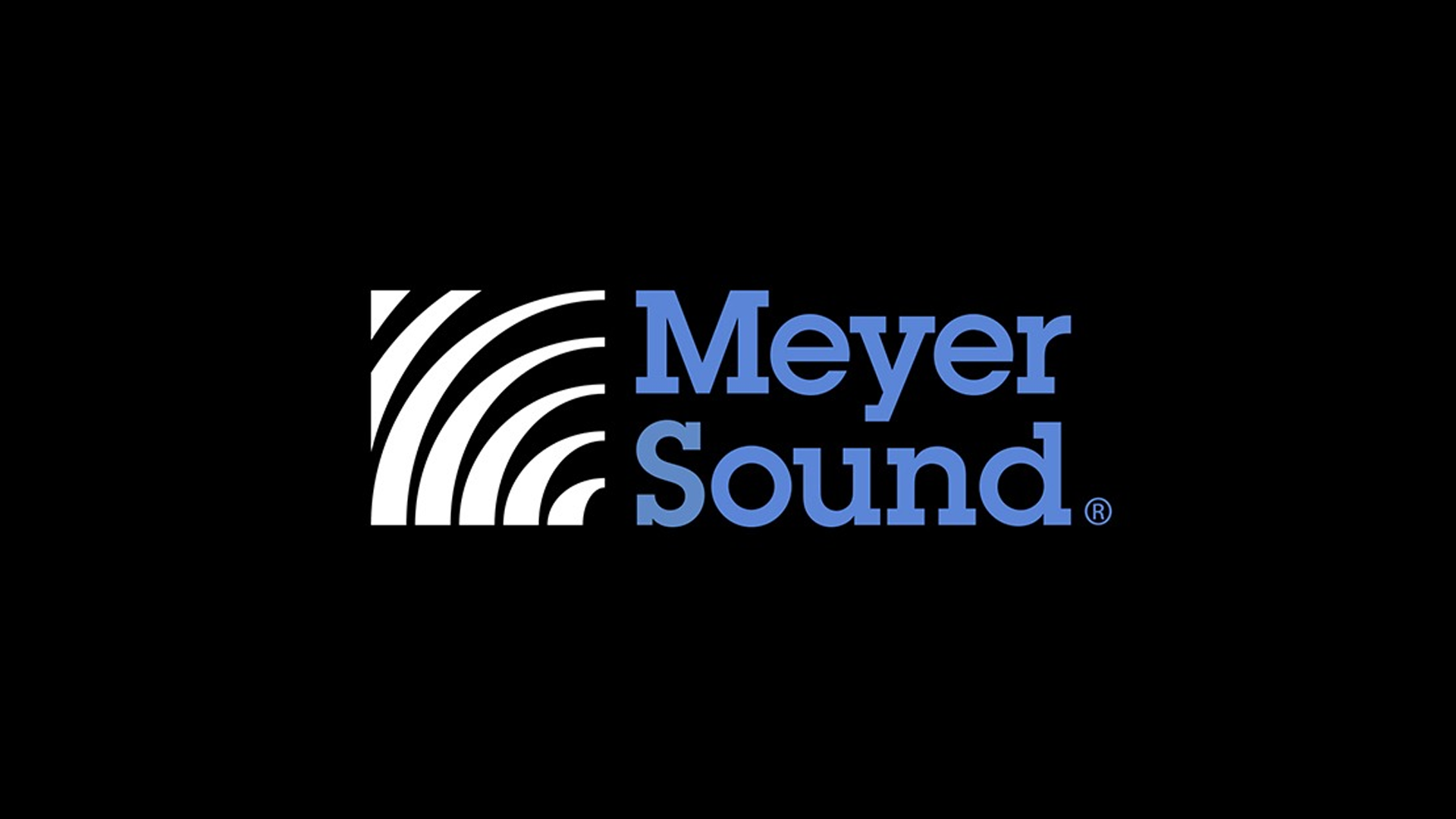 Meyer Sound logo with curved white lines on a black background and the company name in blue text.