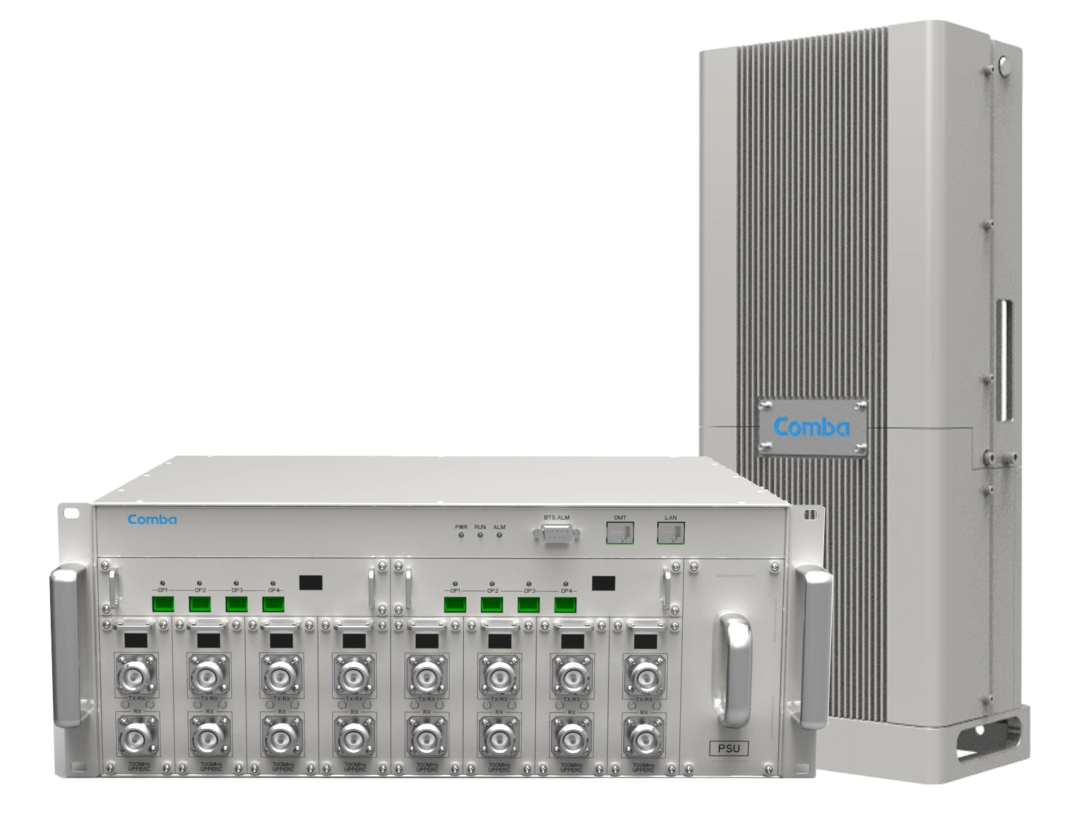 Two silver-colored telecommunications equipment boxes, one smaller front unit with multiple ports and indicators, and a larger upright enclosure behind it, both labeled with the brand name 'Comba'.