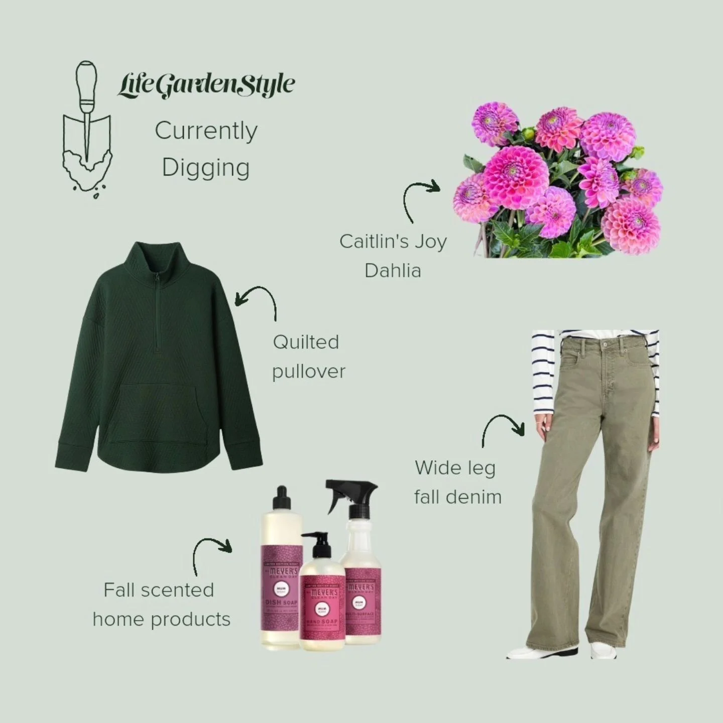 Currently Digging: September Recap ✅️ A short list to review from last month! 

👖👕Heading into fall with warmer clothing pieces. These wide leg olive denim and my new quilted pullover are my favorite color. Can't wait to put the LGS logo on the pul