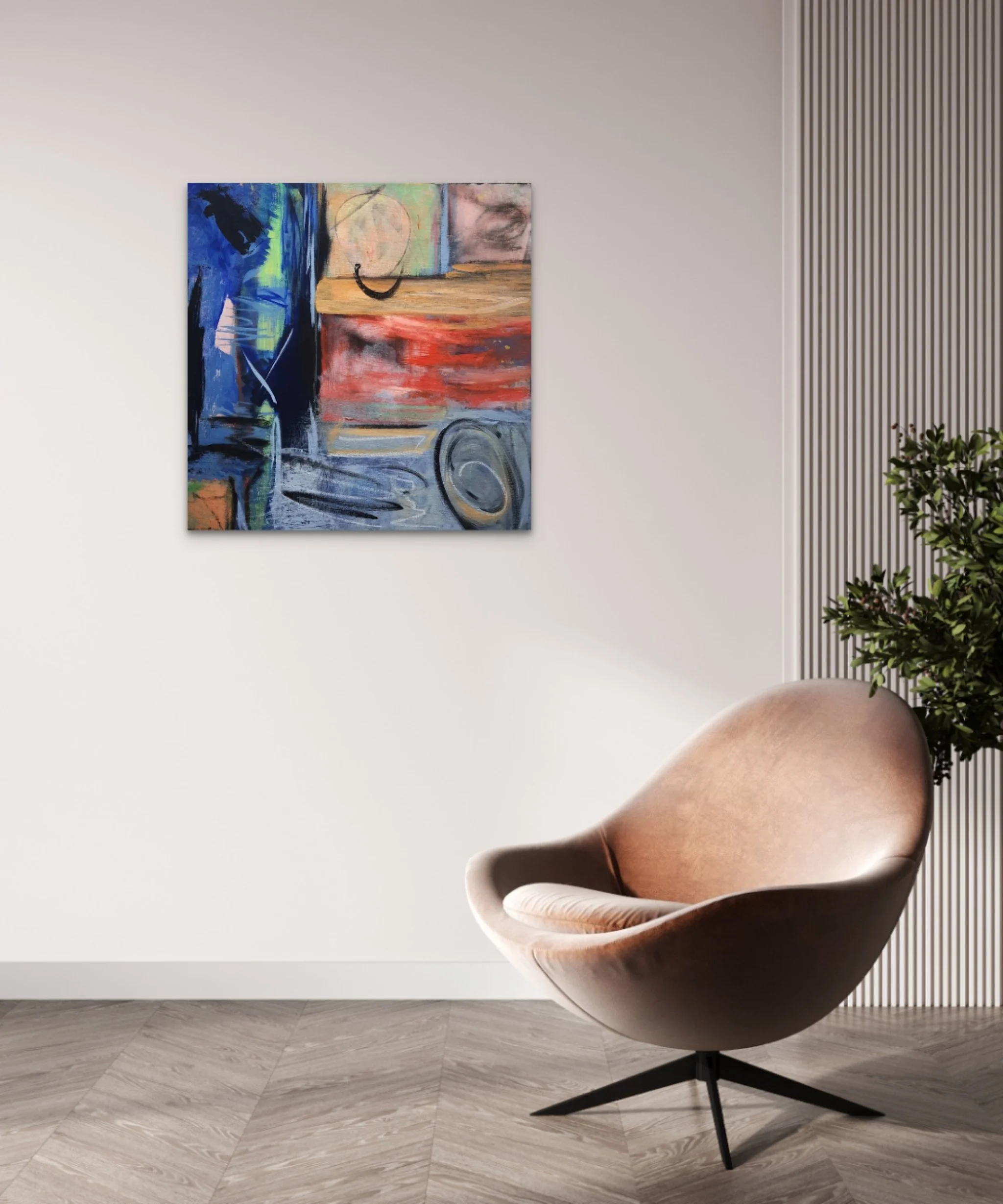 A modern interior with a pink velvet chair on black legs, a white wall, abstract colorful painting, white paneling on the right, and a green plant in the corner.