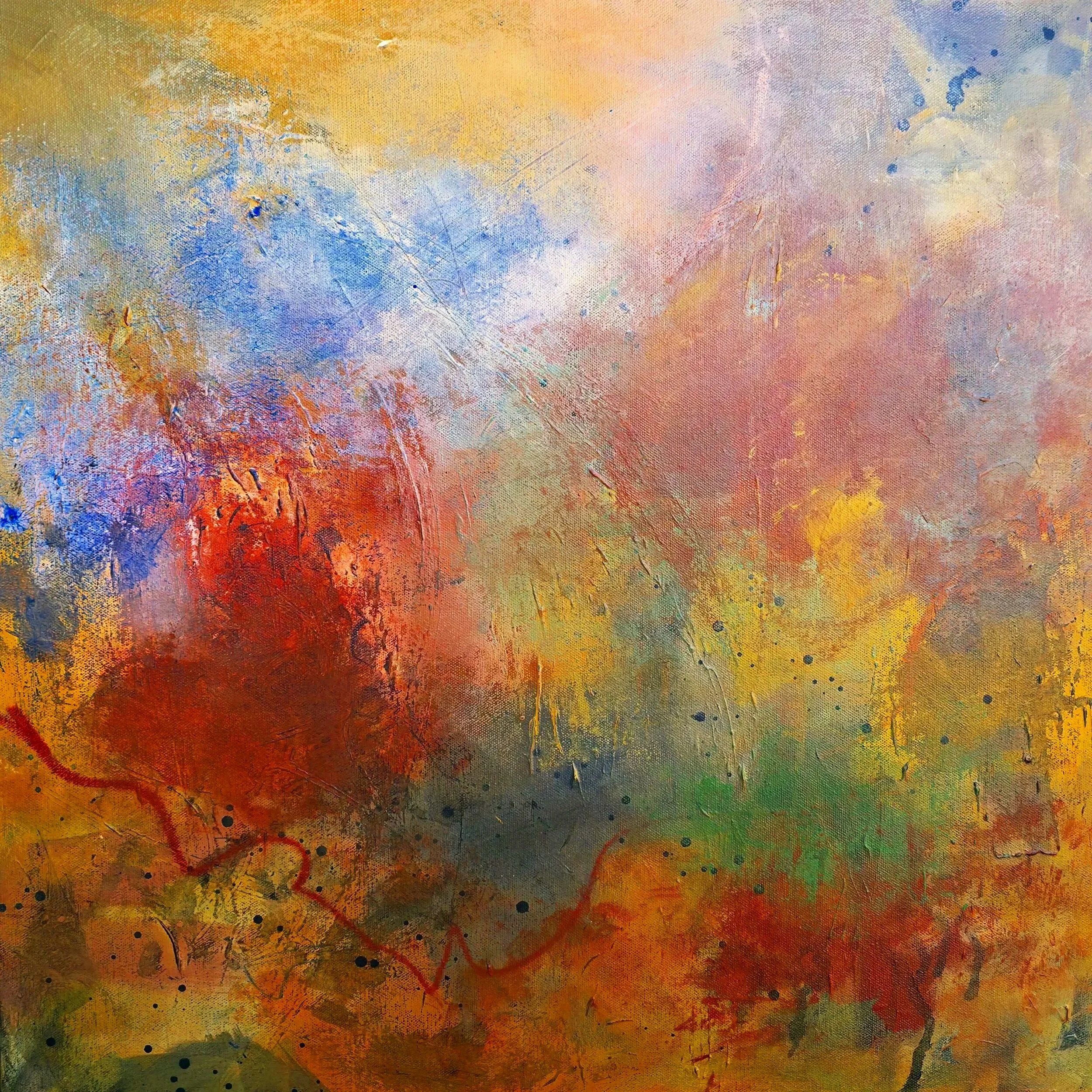 A colorful abstract painting with various splashes and strokes of paint in yellow, blue, red, and green on a textured canvas.