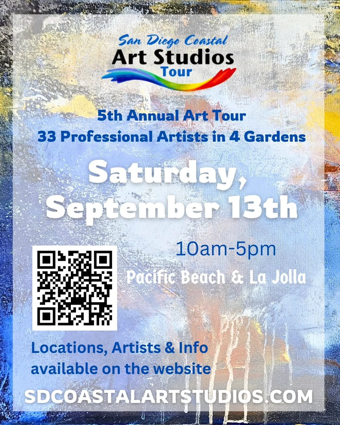This Weekend! GET READY!! 🖼

33 professional artists showcased across 4 beautiful outdoor locations. 🌳🏠

🕚 10 AM &ndash; 5 PM
🗓 Saturday, Sept 13th
📍Pacific Beach and La Jolla.

5th Annual Art Tour Presented by SD Coastal Art Studios. 🎨

Maps 