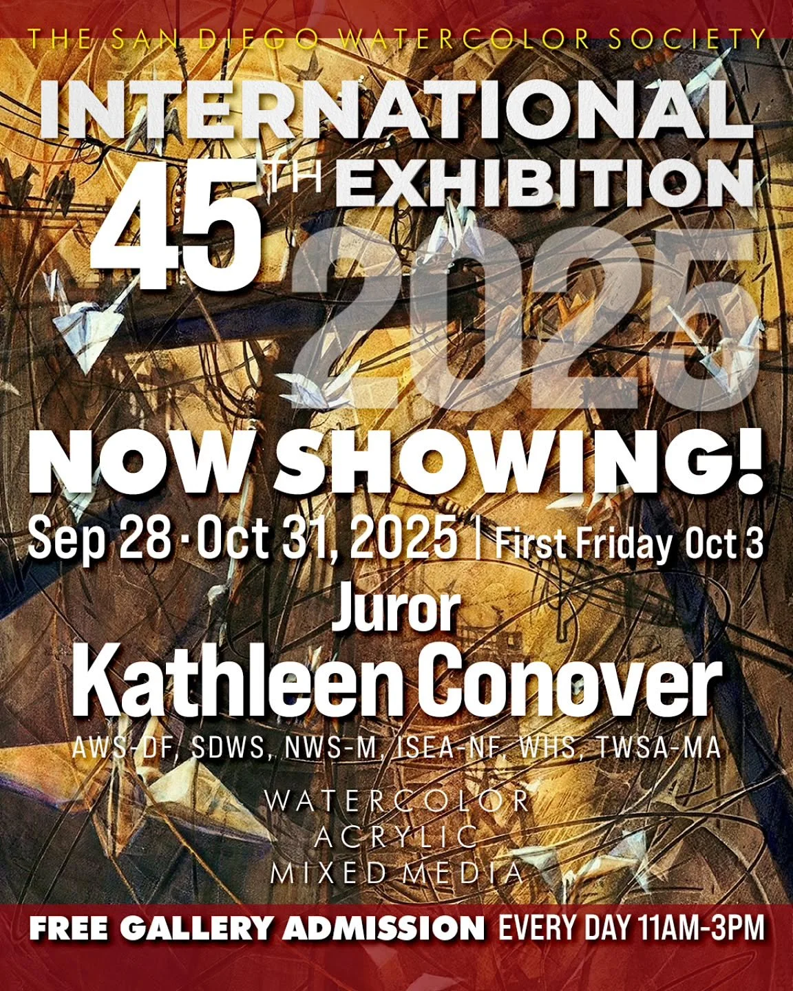 The 45th Annual International Exhibition at the San Diego Watercolor Society is now open! 🎨

Experience 103 paintings juried by Master Artist Kathleen Conover @conover_watermedia, showcasing a broad range of incredible talent from around the world. 