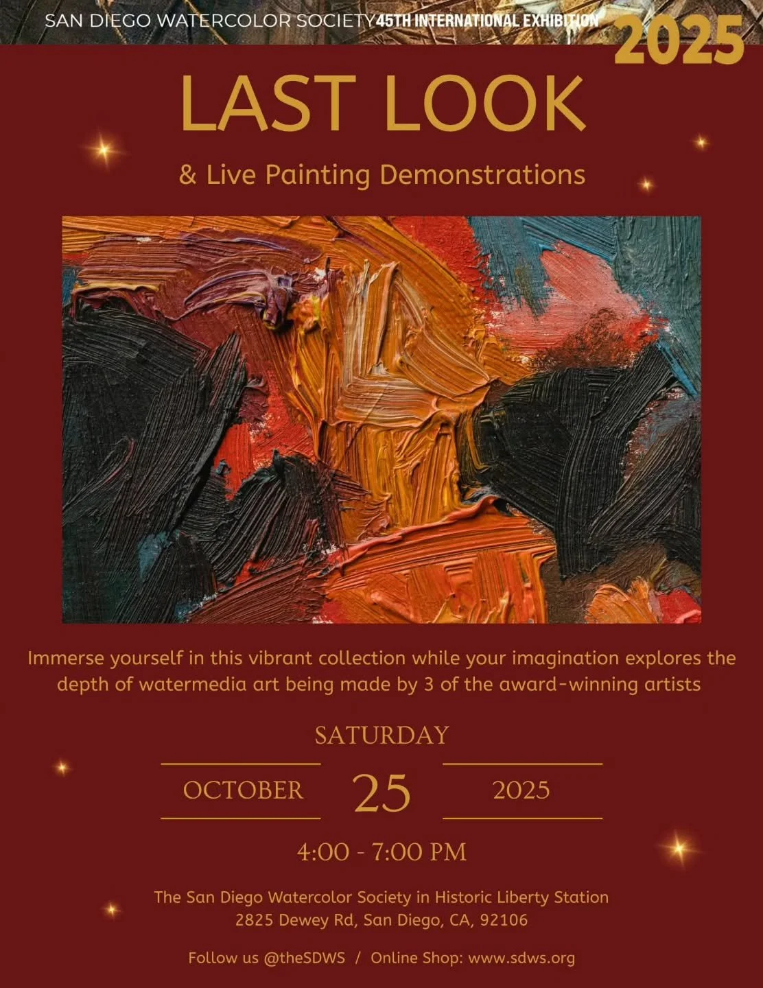 🎨 I&rsquo;ll be live painting this Saturday!

Join me on Oct 25th, 4&ndash;7 PM @thesdws for the 45th International Exhibition &quot;Last Look&quot; ✨️

🖼 Enjoy incredible works from around the world, meet talented artists, sip wine, and experience