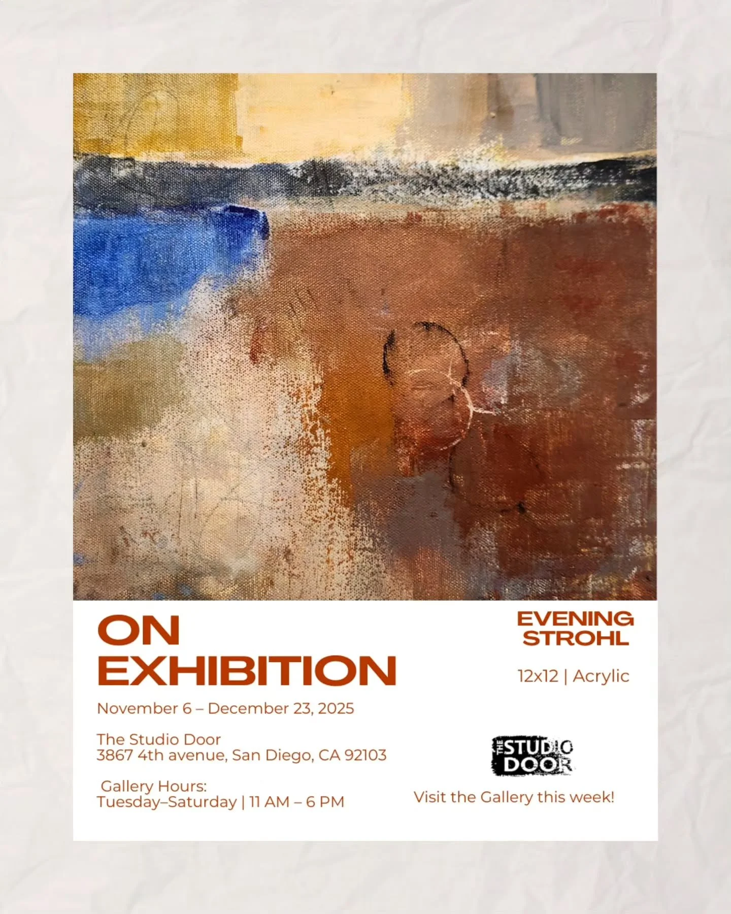 On Exhibition 🖼 
🗓️ November 6 &ndash; December 23, 2025

La Jolla Cove
12x12 Acrylic on canvas 

Evening Strohl
12x12 Acrylic on canvas 

I&rsquo;m honored to have my work featured in this year&rsquo;s Holiday Art Market at The Studio Door, alongs