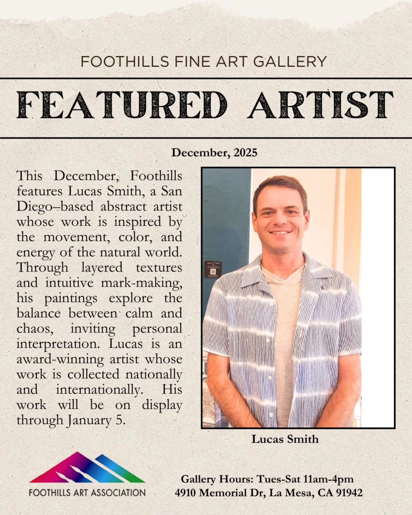 ✨ Featured Artist: Lucas Smith 🎨

Step into a world of color, rhythm, and emotion with abstract artist Lucas Smith Featured Artist for December (@lucassmithart). 

His award-winning work blends acrylics and mixed media to bring organic beauty into c