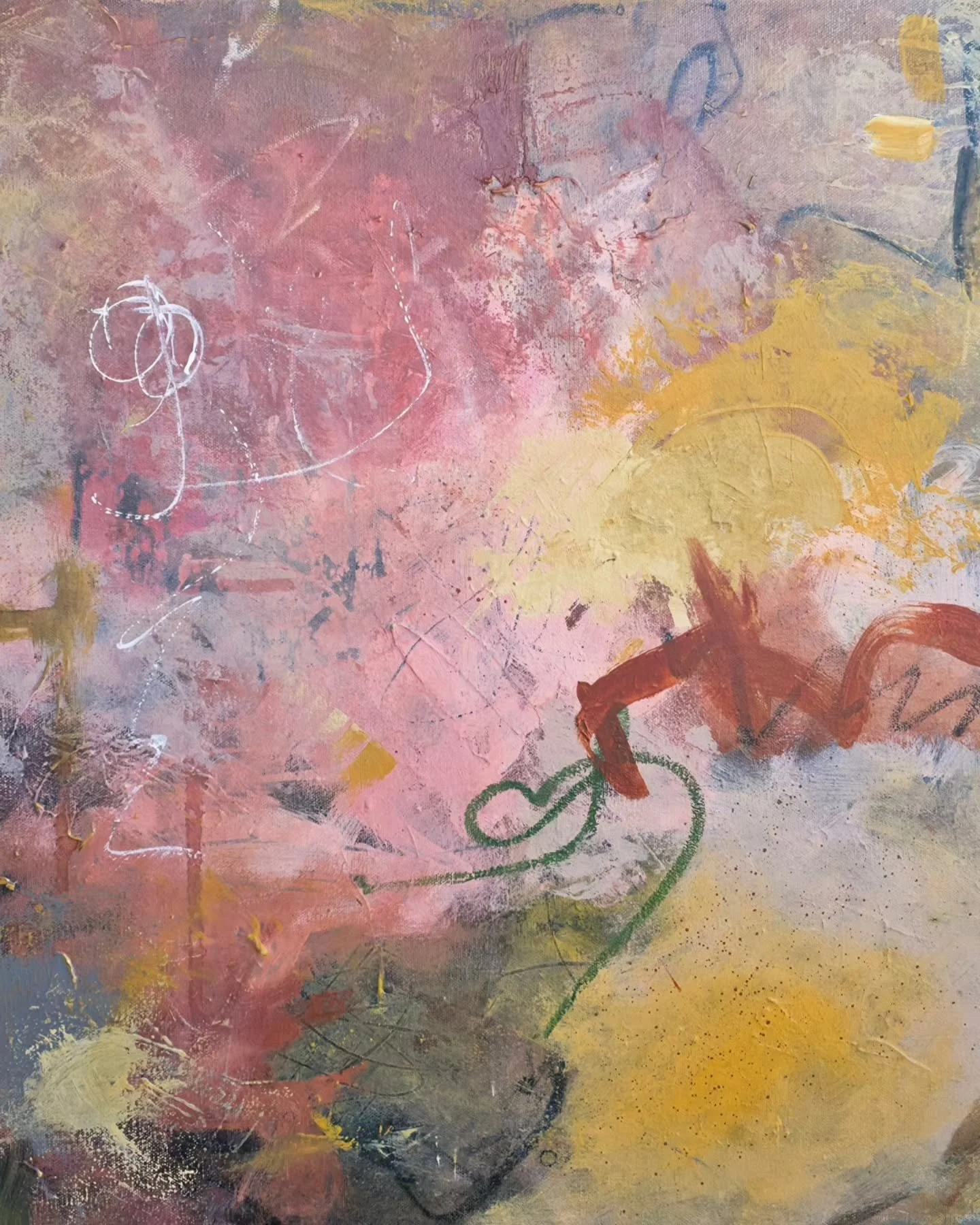 Traces of a Dream
24&rdquo; x 24&rdquo; | Acrylic on Canvas | $875

Sweeping gestures and layered colors flow across the canvas, capturing fleeting traces of thought and movement. Soft pinks and warm yellows meet deeper tones, revealing the rhythm an