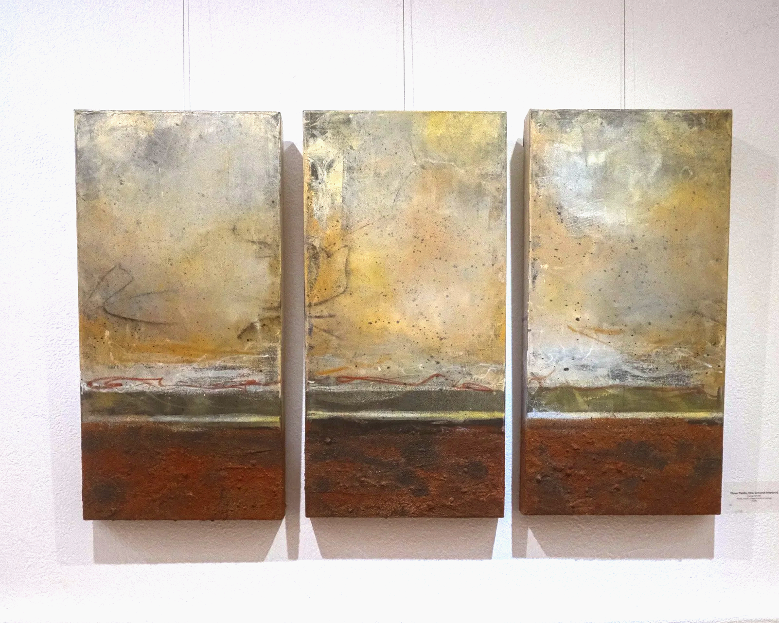 Triptych abstract painting with earthy tones, textured surface, and layered color washes, mounted on a white wall.
