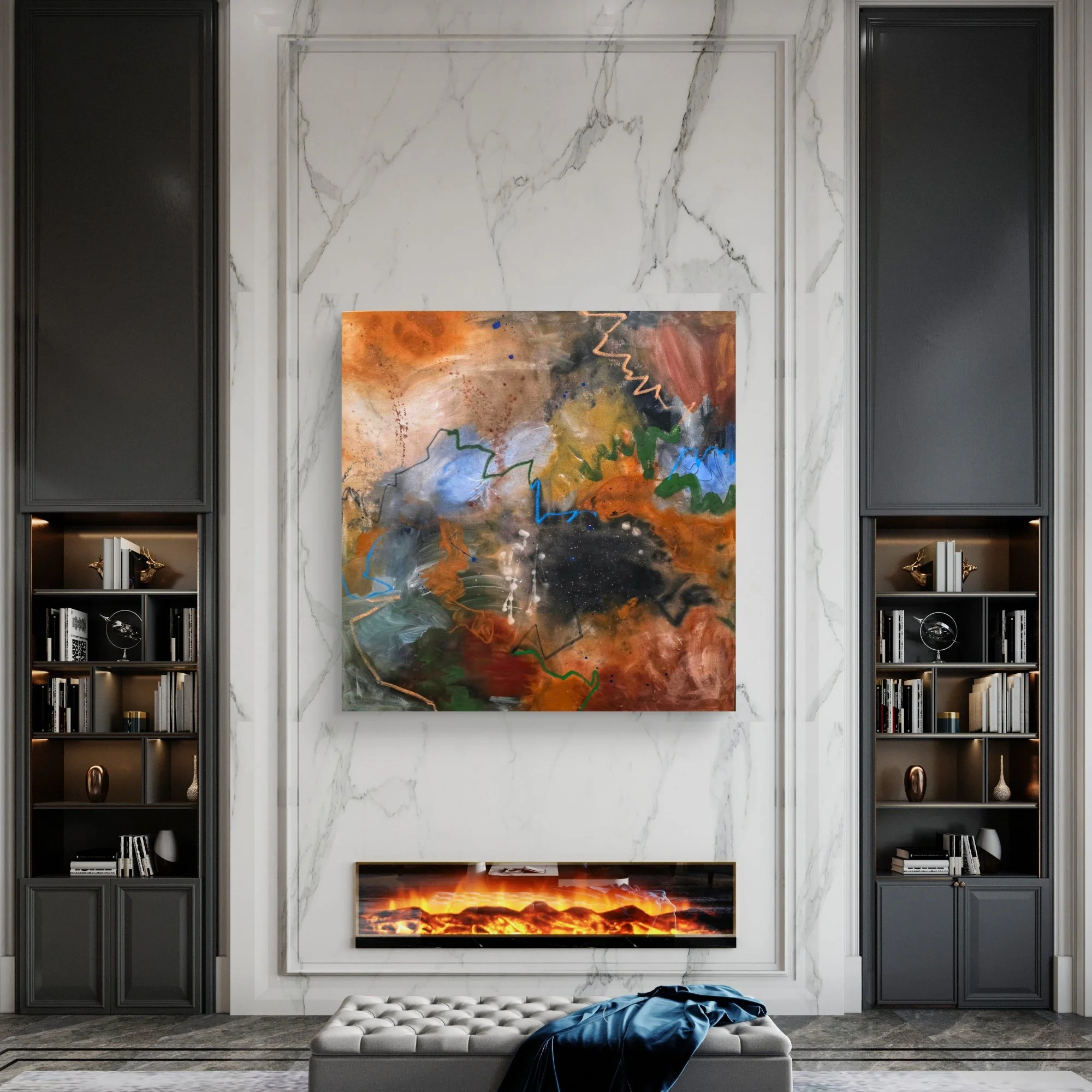 Living room with black cabinets on either side, a large abstract painting in the center, a marble wall, a tufted bench with a draped blue cloth, and a modern fireplace below the painting.