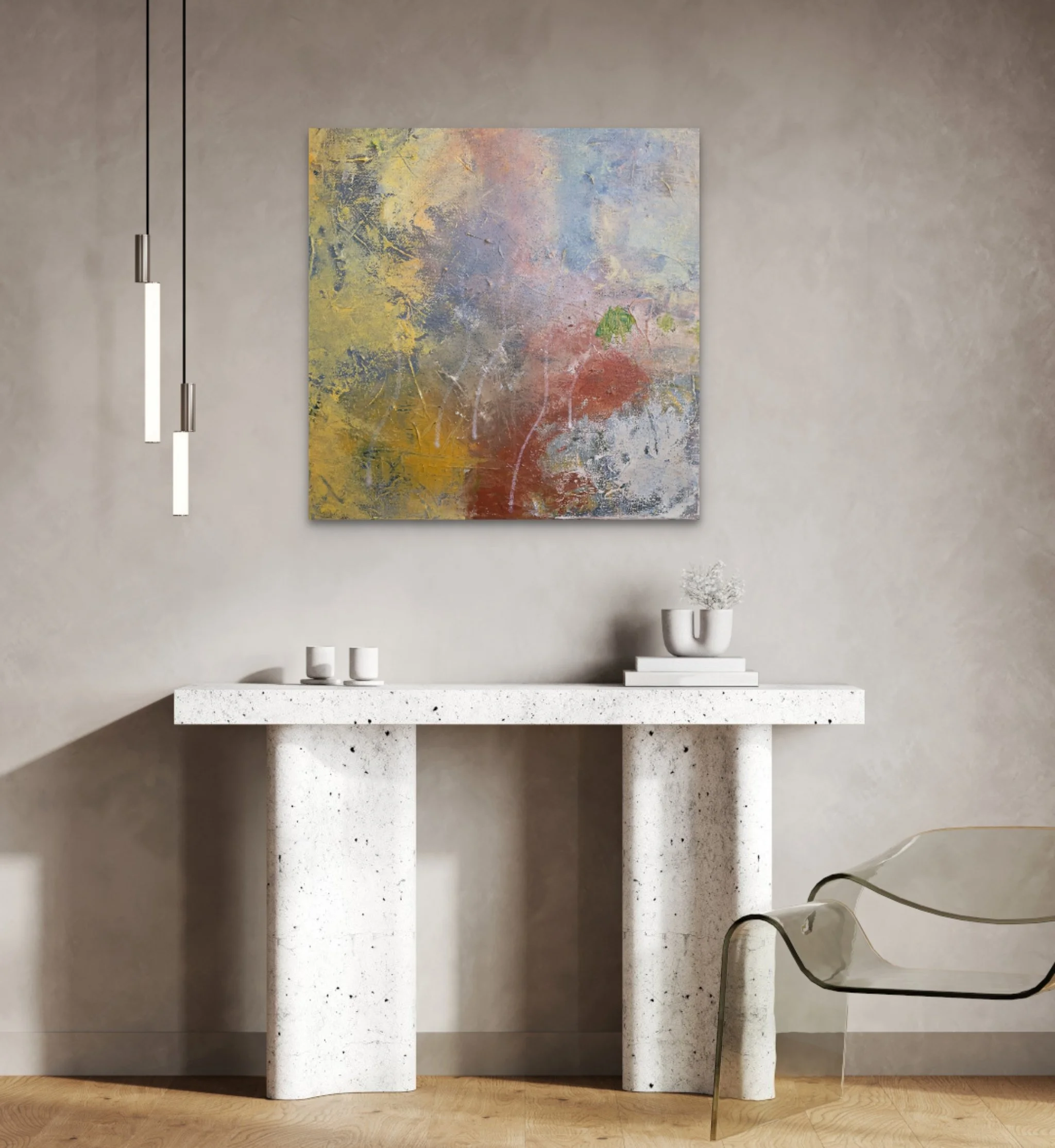 A minimalist interior with a concrete table, a stone podium, a modern clear chair, an abstract colorful painting on a smooth gray wall, a small white sculpture on the floor, and a wooden floor.