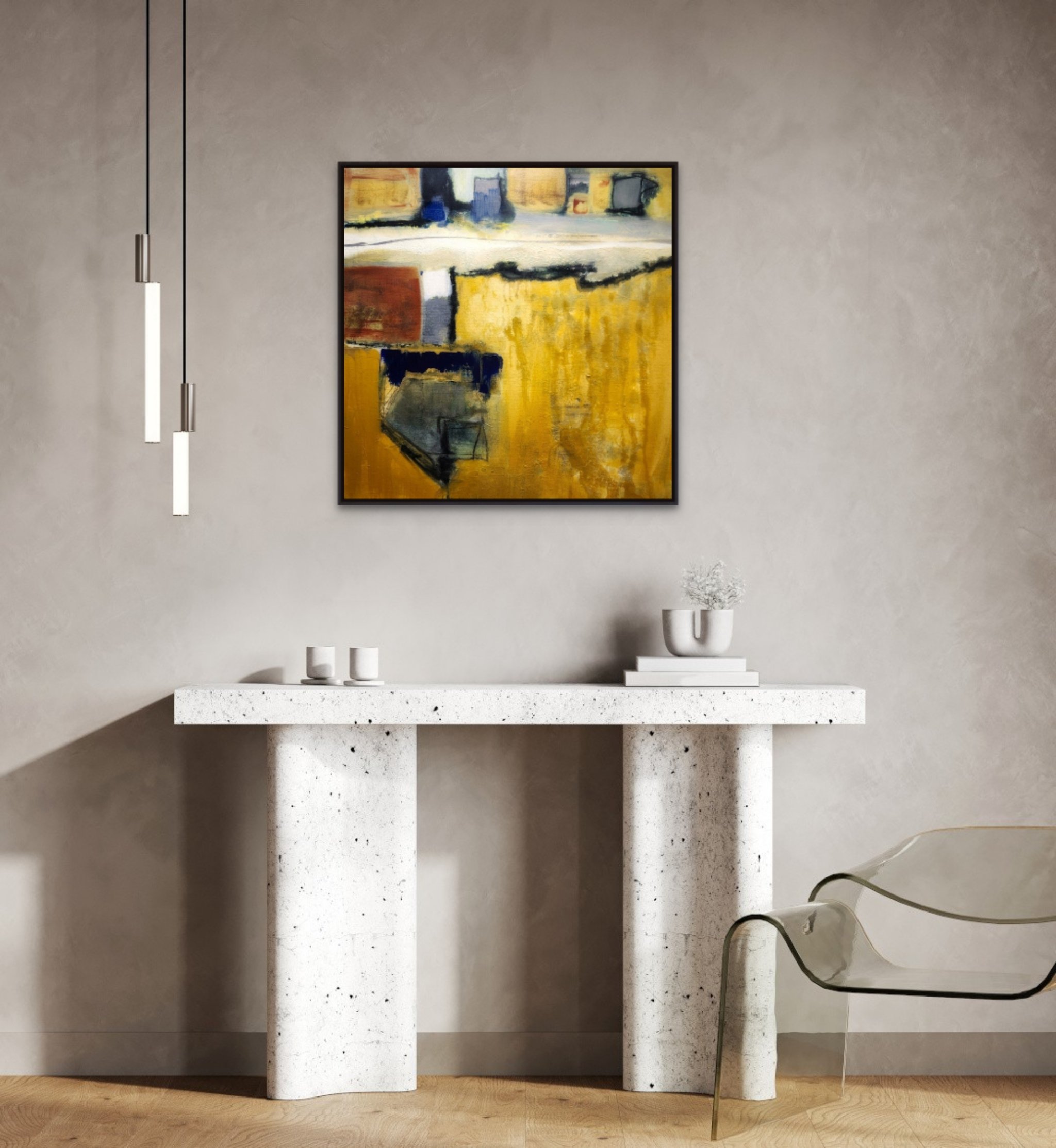 Modern interior with a concrete fireplace, abstract art painting with yellow, blue, and black colors, white ceramic vases, and a transparent chair with black metal armrest.