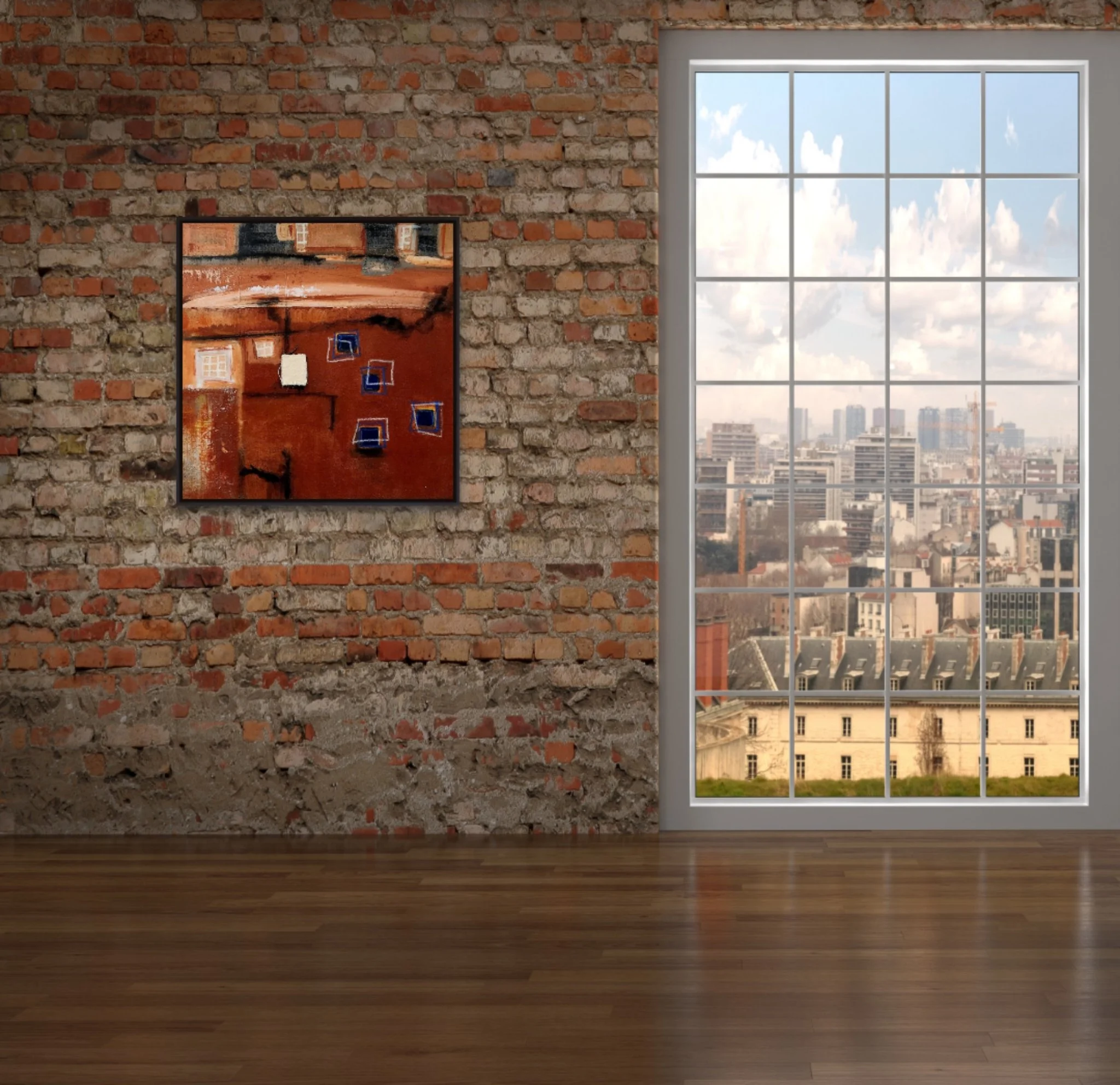 Interior view of an apartment or studio with a brick accent wall, a large window showing a cityscape, and an abstract painting on the wall.