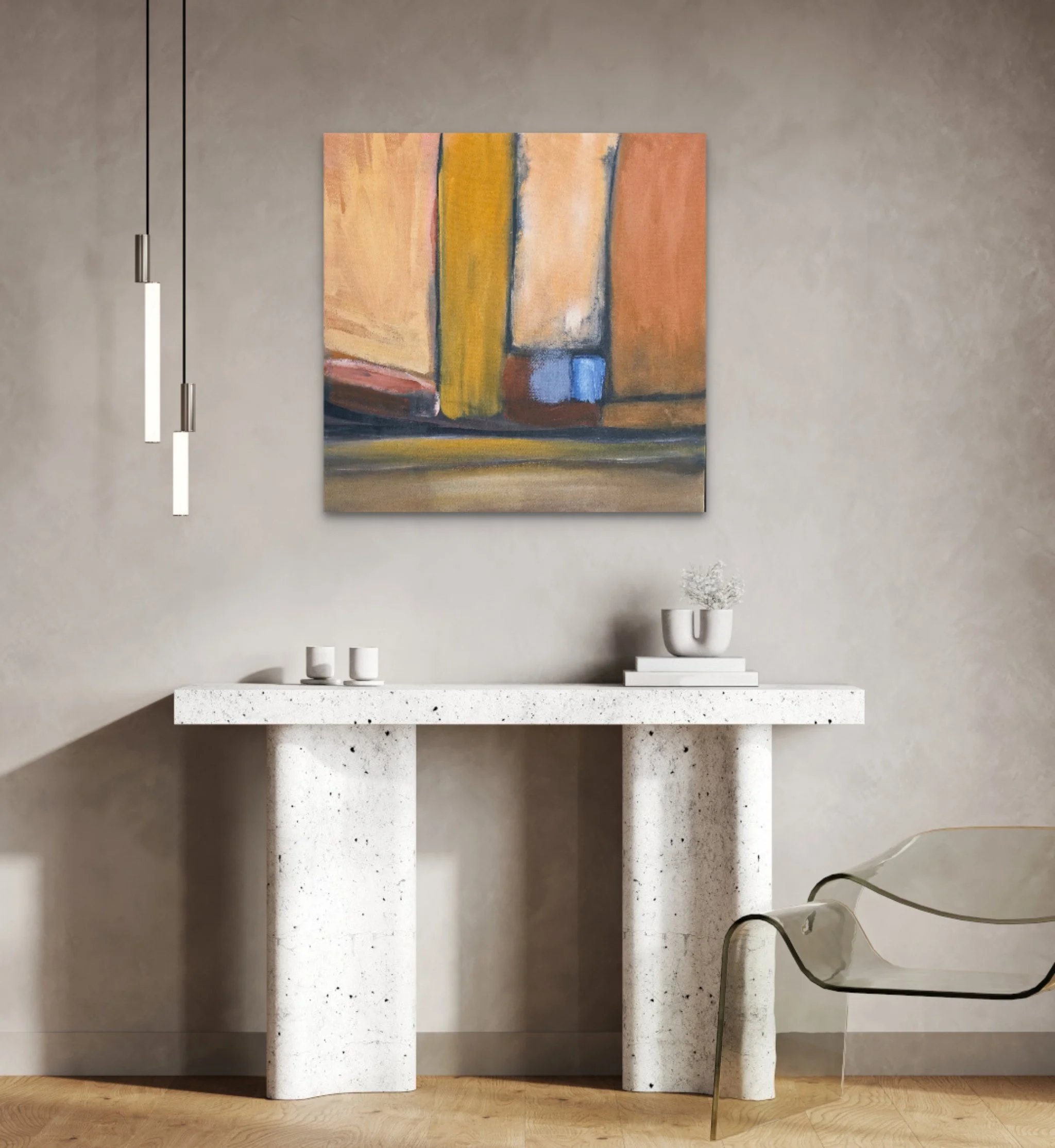 A minimalist interior with three textured white pedestal tables of varying heights, a colorful abstract painting on a grey wall, white candle holders on the larger table, a white vase with dried flowers, and a transparent modern chair with a curved backrest to the right.