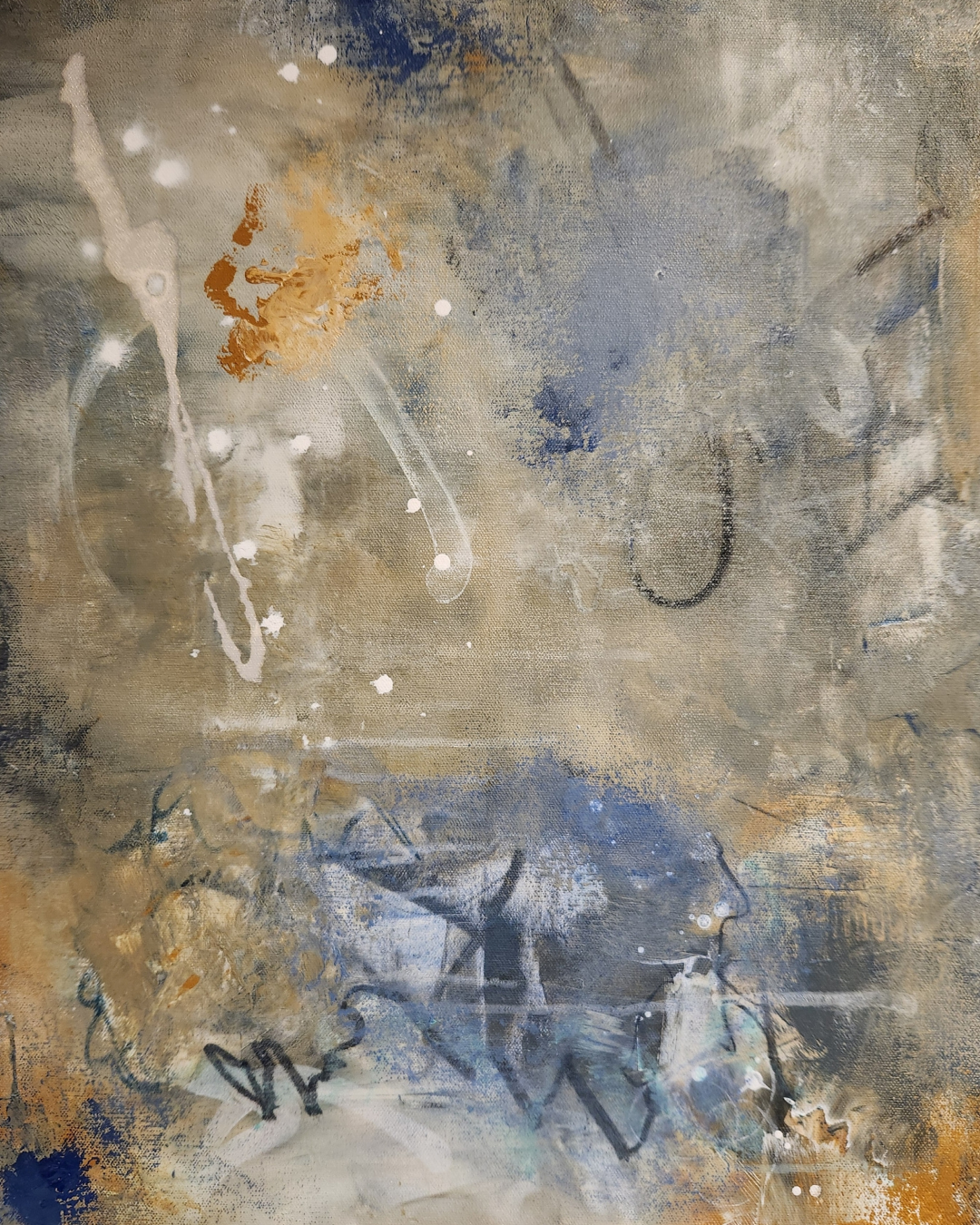 Abstract painting with splashes of beige, blue, black, and orange colors and graffiti elements.