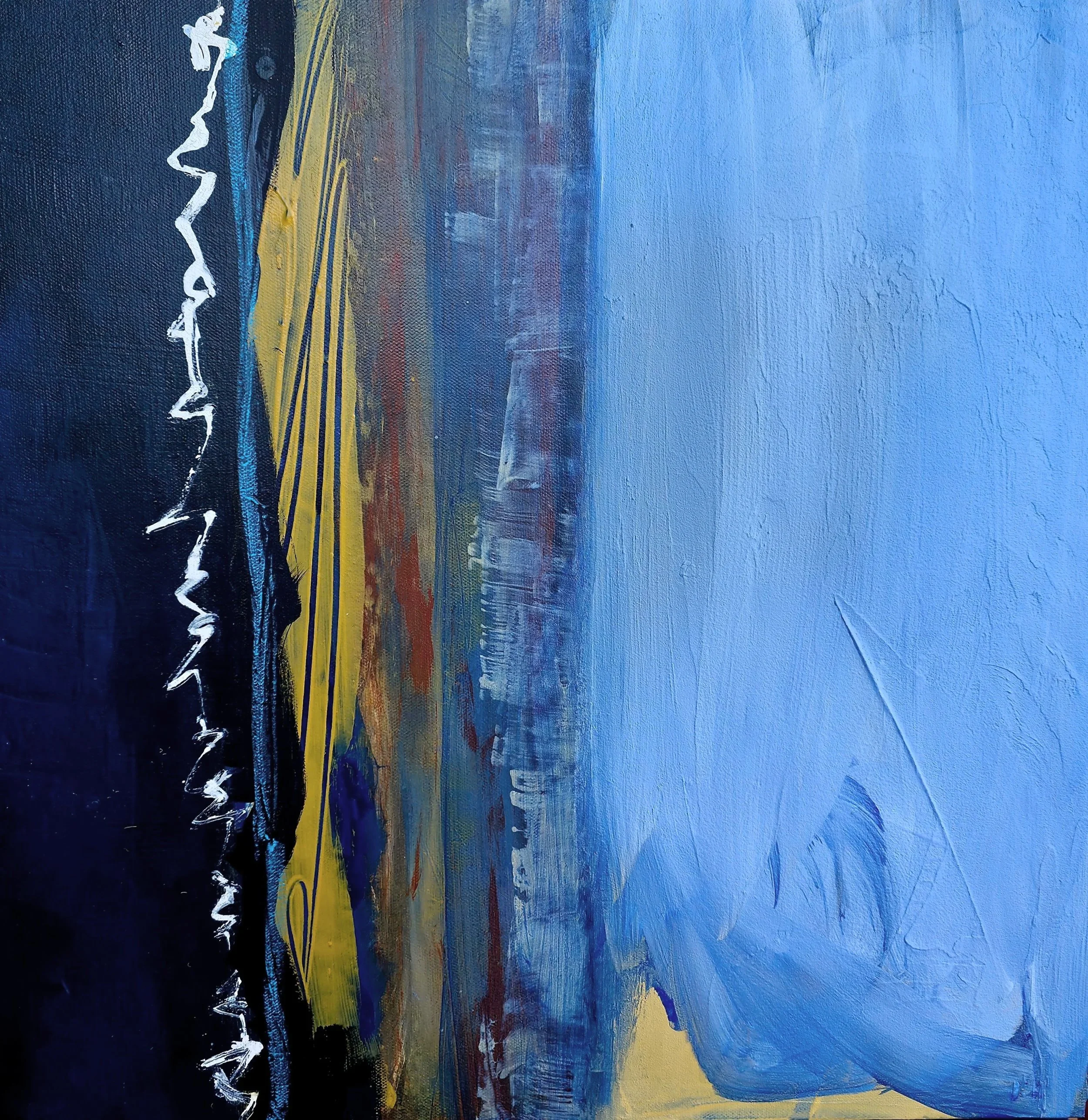 An abstract painting with vertical streaks of yellow, brown, gray, and blue colors on a textured surface. There is a white signature or text on the left side of the canvas.